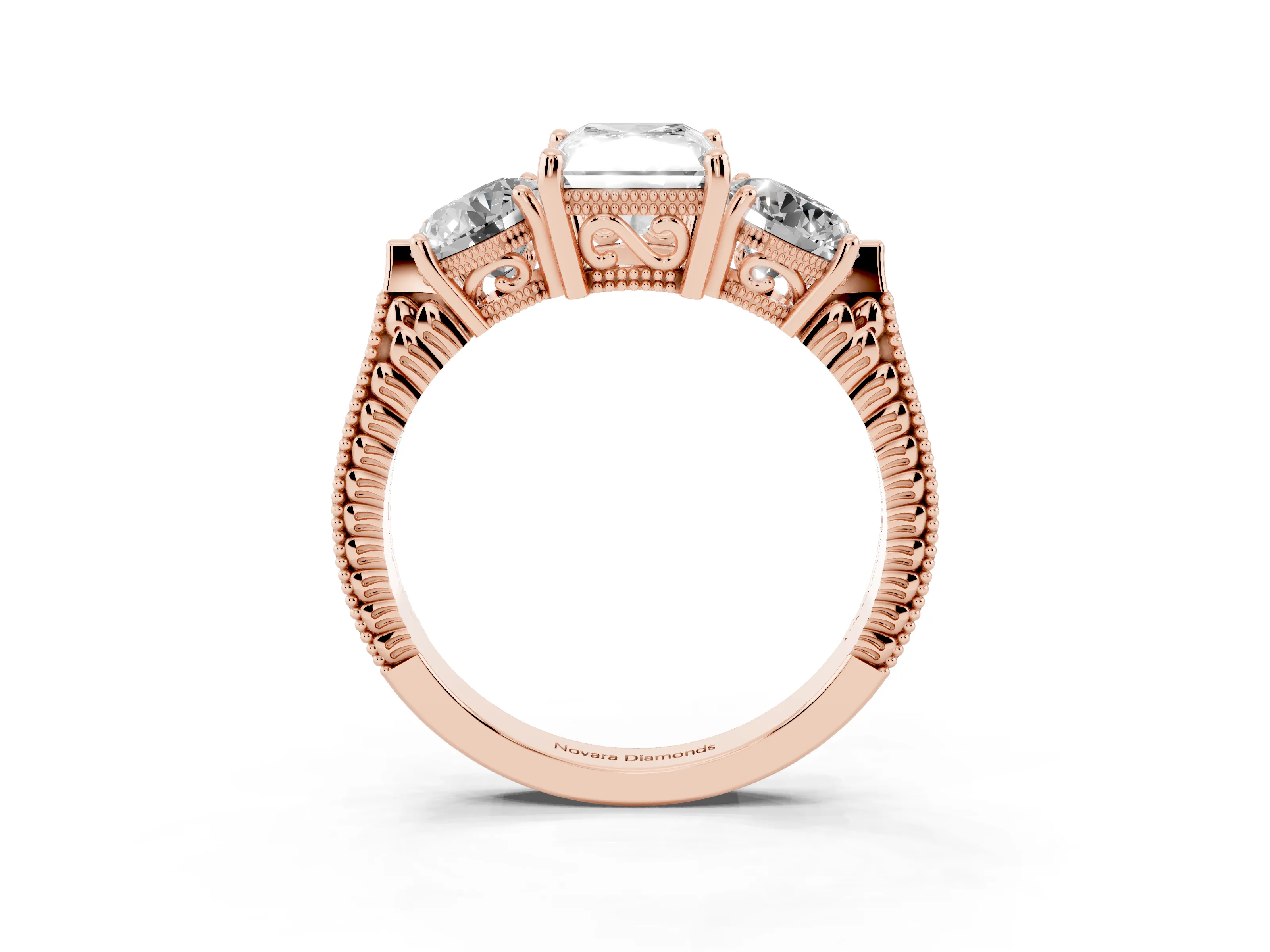 Radiant Cut Diamond Three-Stone Ring Set in Rose gold with Milgrain Band