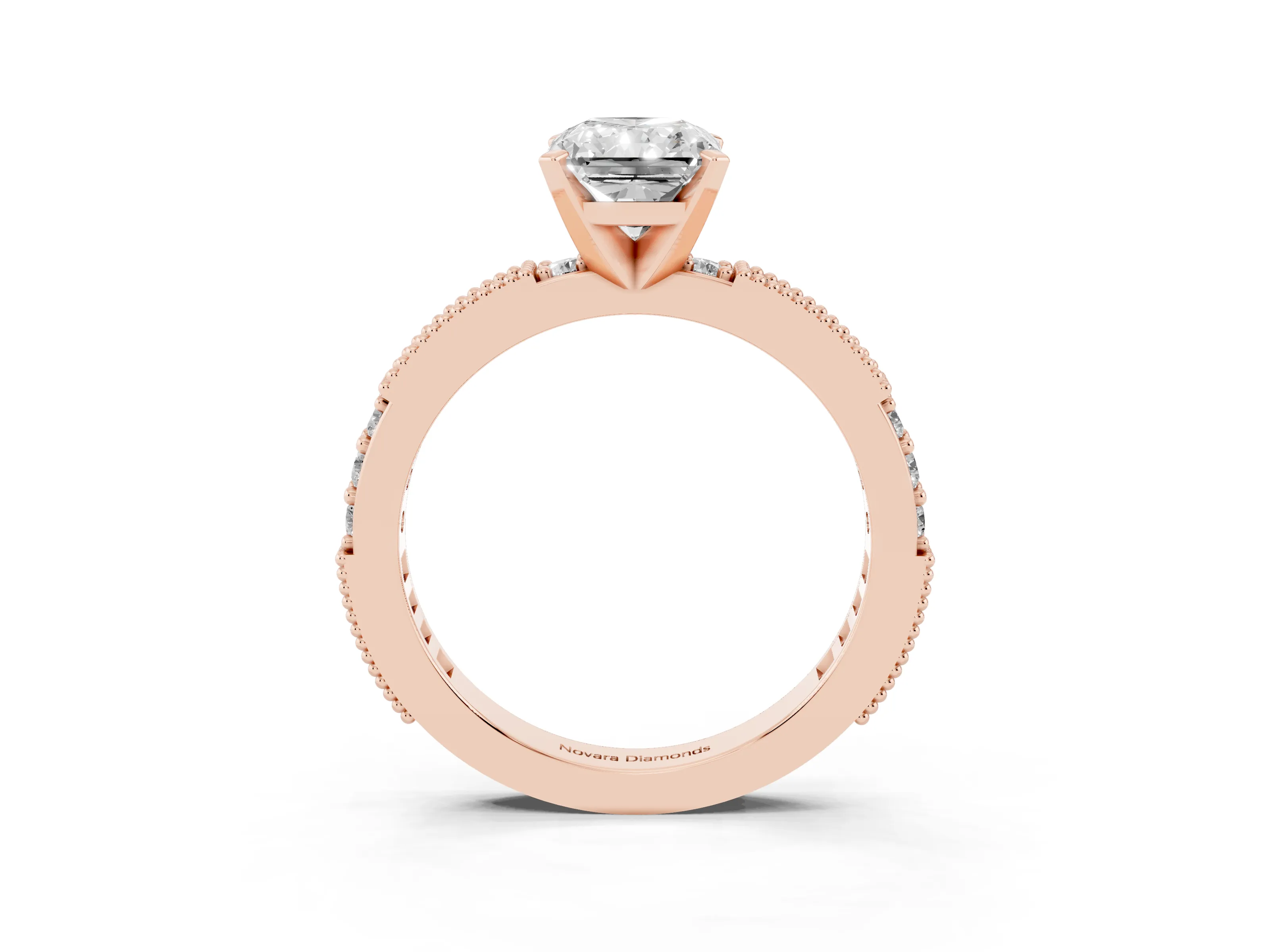 Radiant Cut Diamond Solitaire Ring Set in Rose gold with Slim Pavé Band and Prong Setting