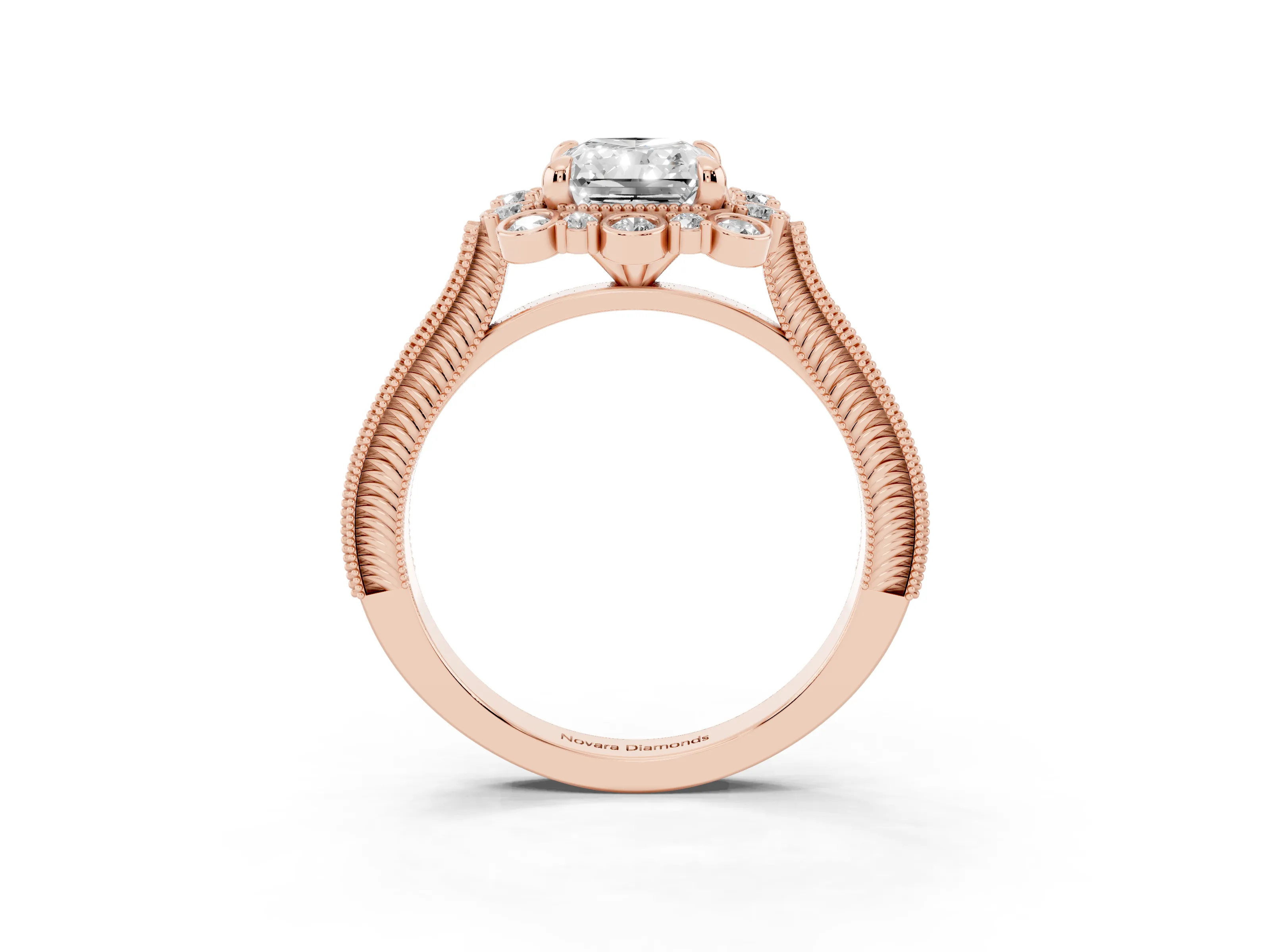 Radiant Cut Diamond Halo Milgrain Pavé Ring Set in Rose gold with Prong Setting