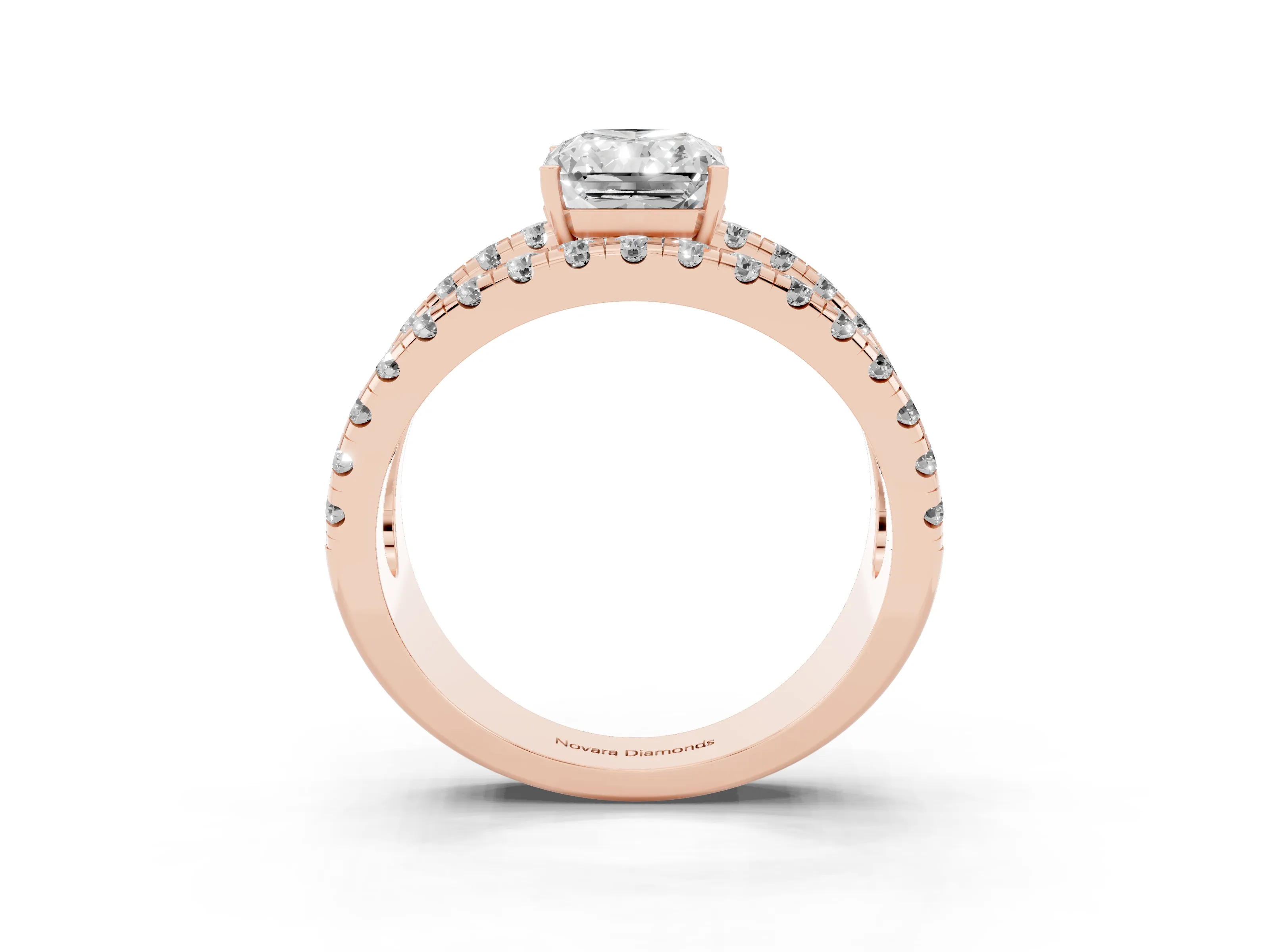 Radiant Cut Diamond Split Shank Pavé Solitaire Ring Set in Rose gold with Open Shank Design