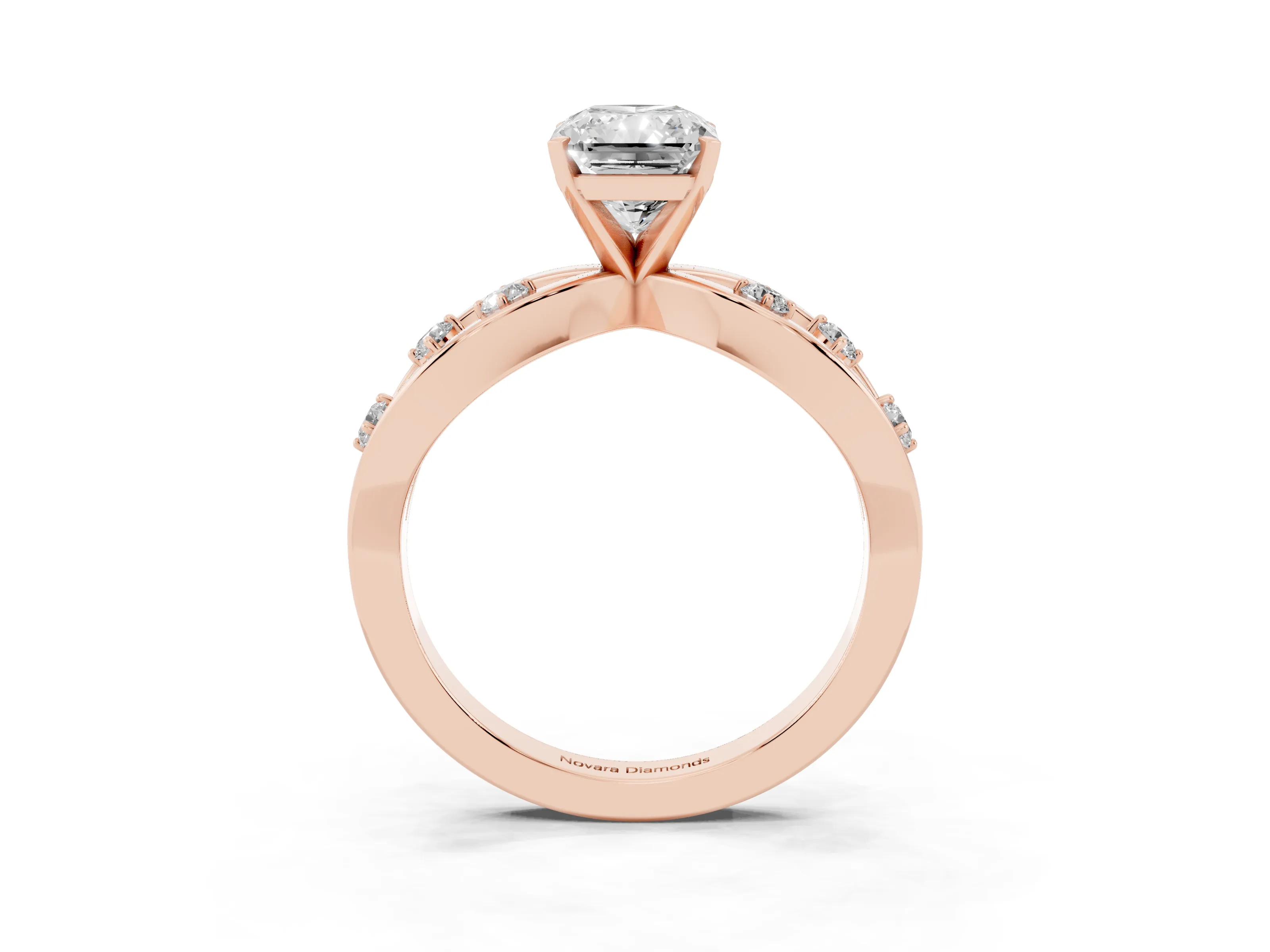 Radiant Cut Diamond Solitaire Ring Set in Rose gold with Side Stones on Criss-Cross Band and Prong Setting