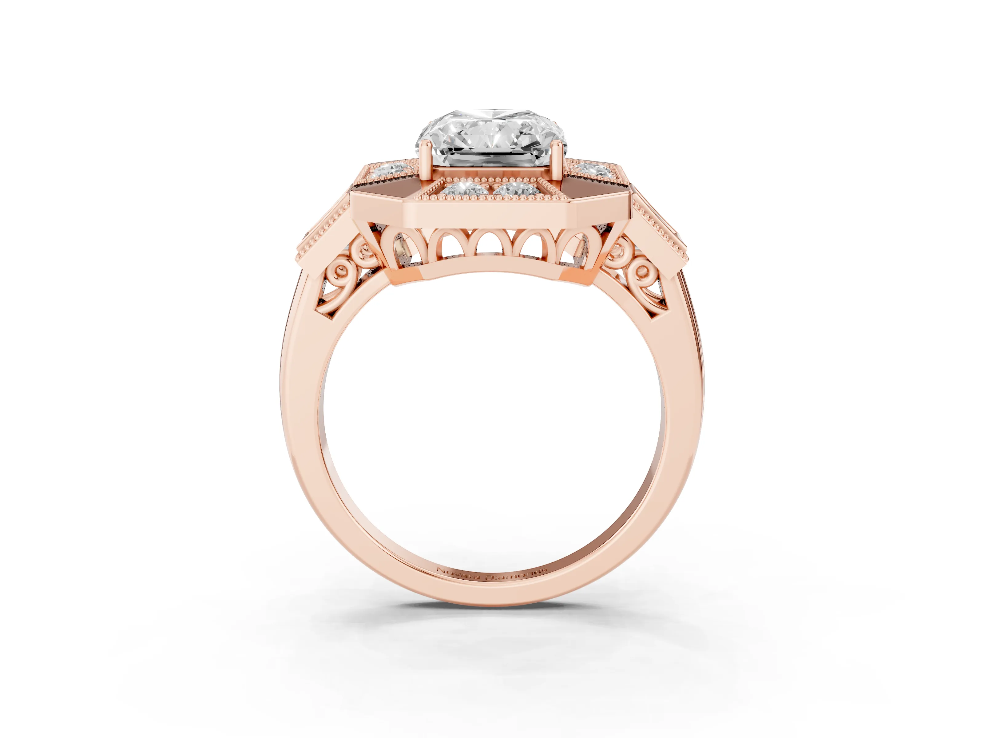 Radiant Cut Diamond Milgrain Halo Ring Set in Rose gold with Split Shank