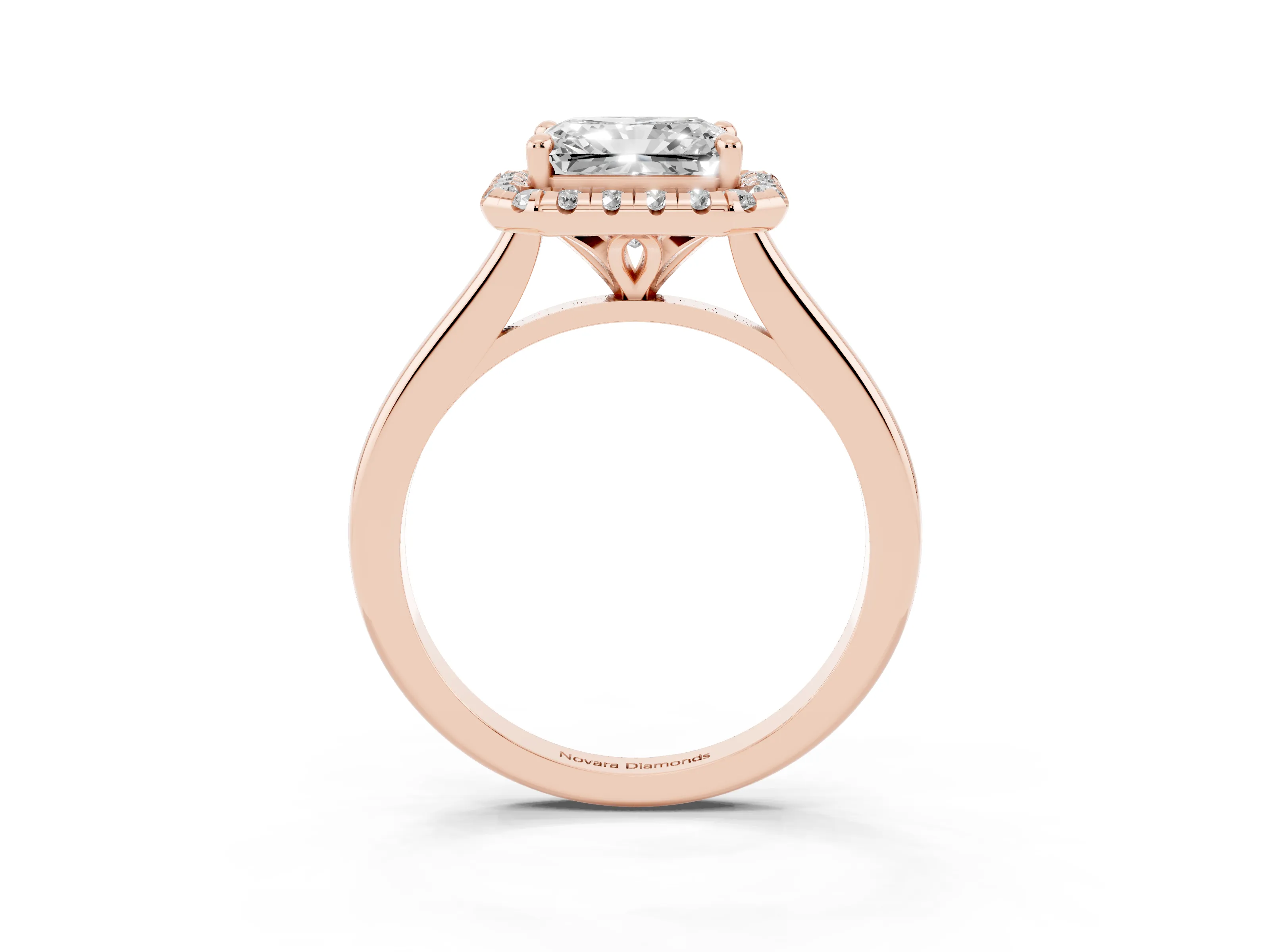 Radiant Cut Diamond Halo Engagement Ring Set in Rose gold with Pavé Band and Rising Shoulders