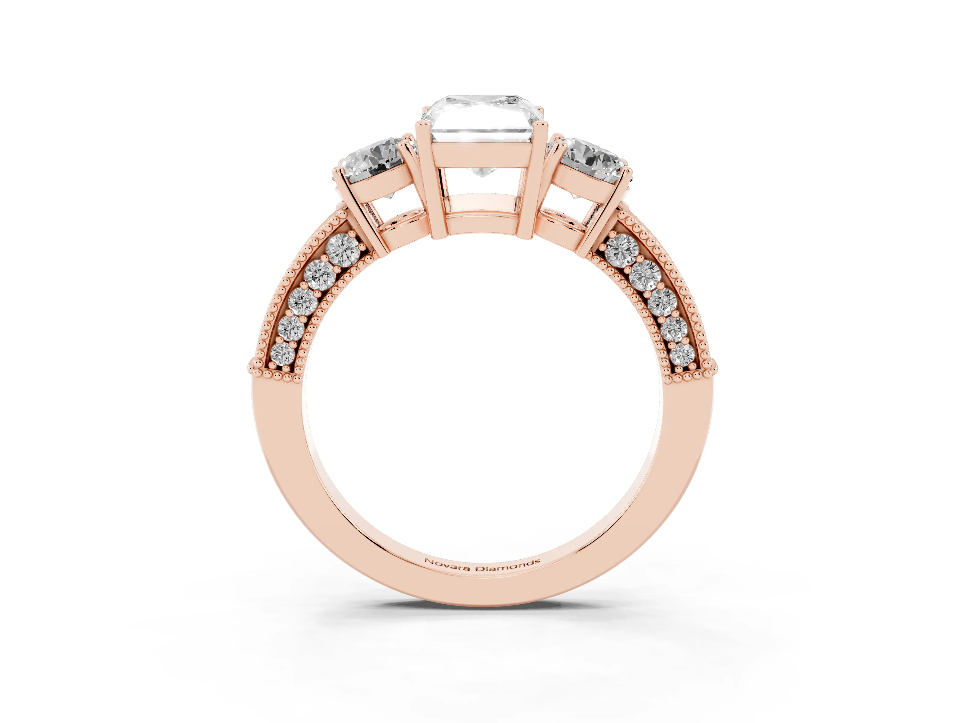 Radiant Cut Diamond Three-Stone Ring Set in Rose gold with Round Side Stones and Pavé Band