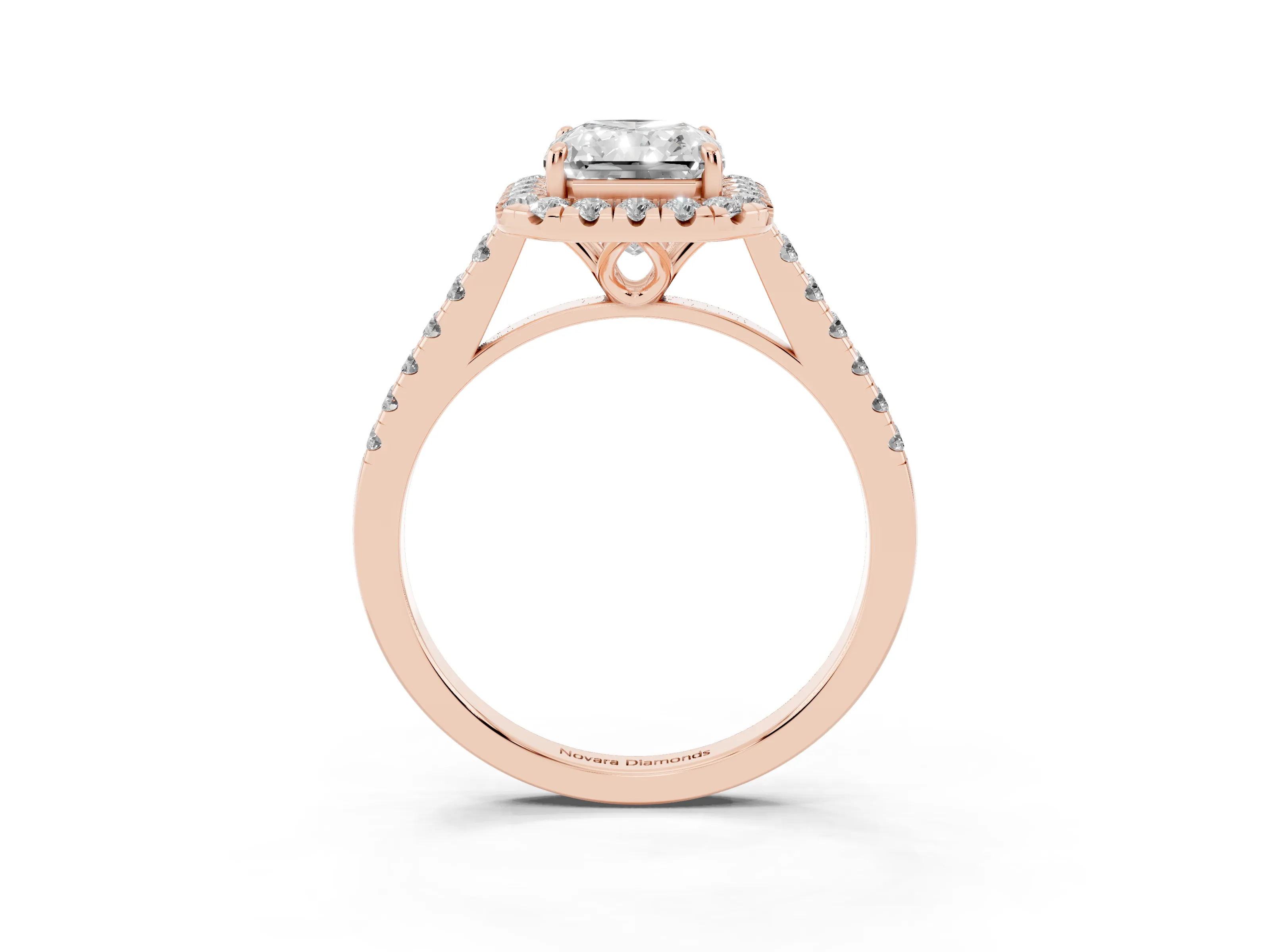Radiant Cut Diamond Pavé Halo Engagement Ring Set in Rose gold with Pavé Band and Prong Setting