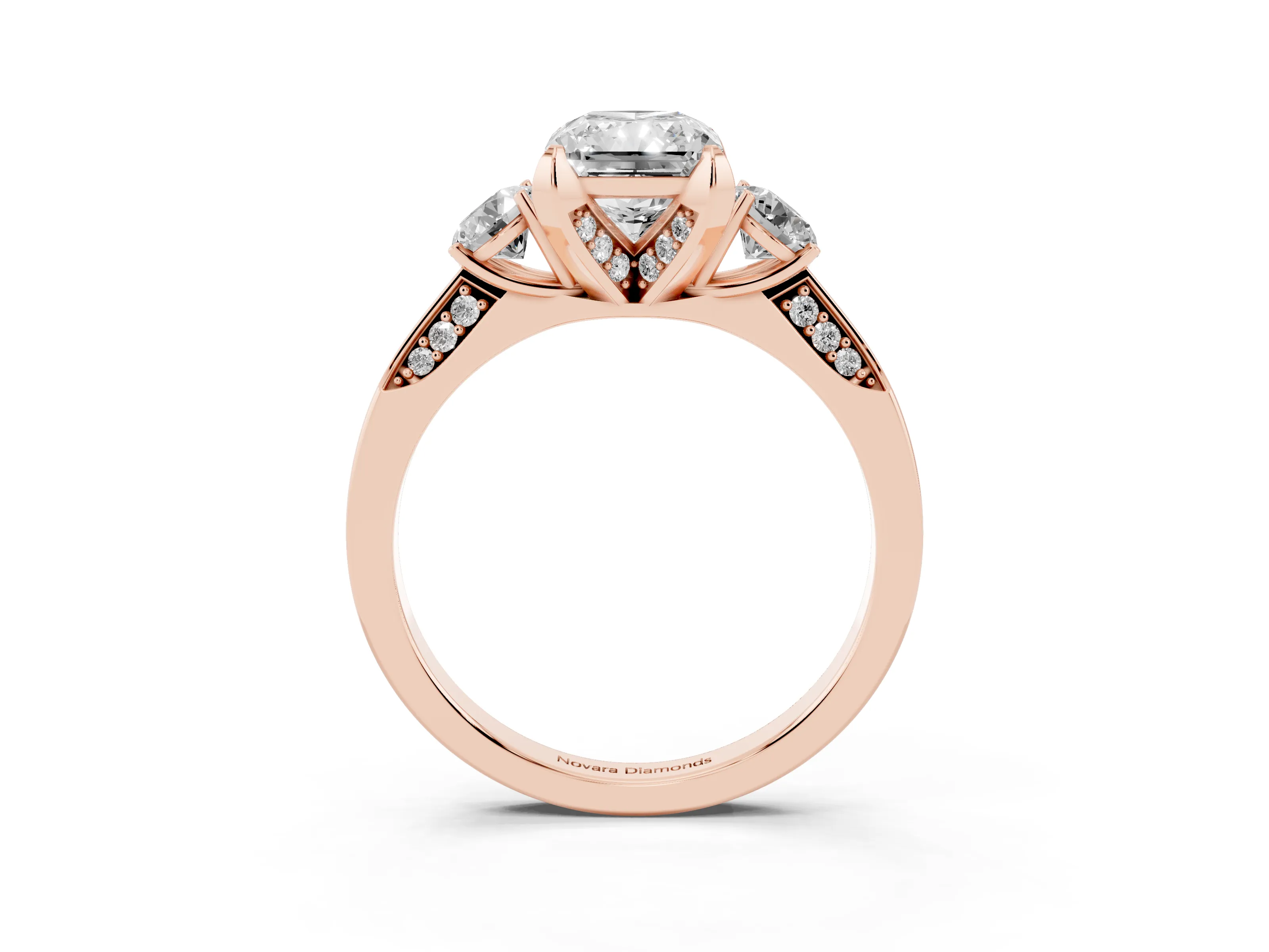 Radiant Cut Diamond Three-Stone Ring Set in Rose gold with Pavé Band and Smaller Side Stones