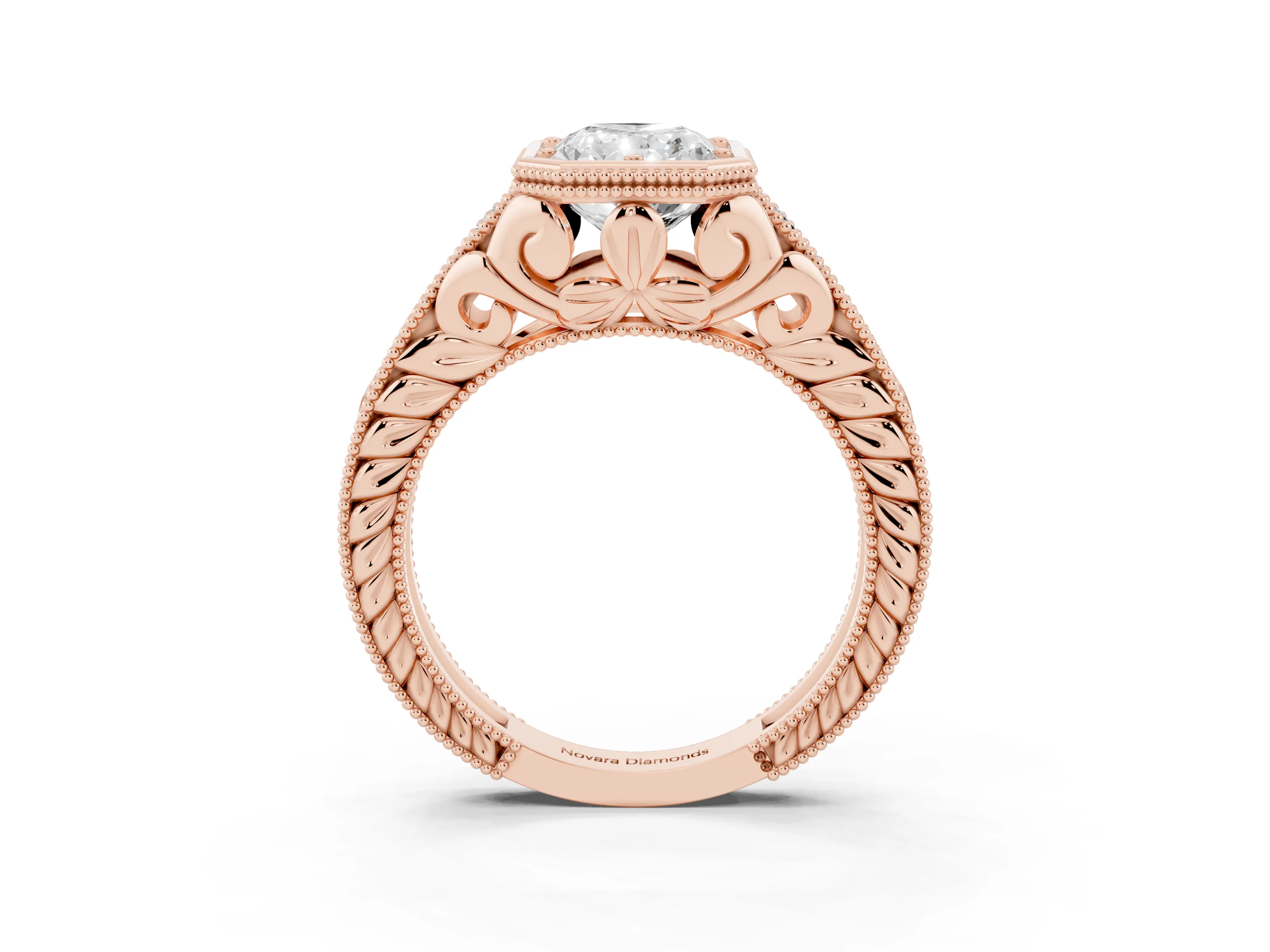Bezel Set Radiant Cut Diamond Milgrain Pavé Engagement Ring Set in Rose gold
