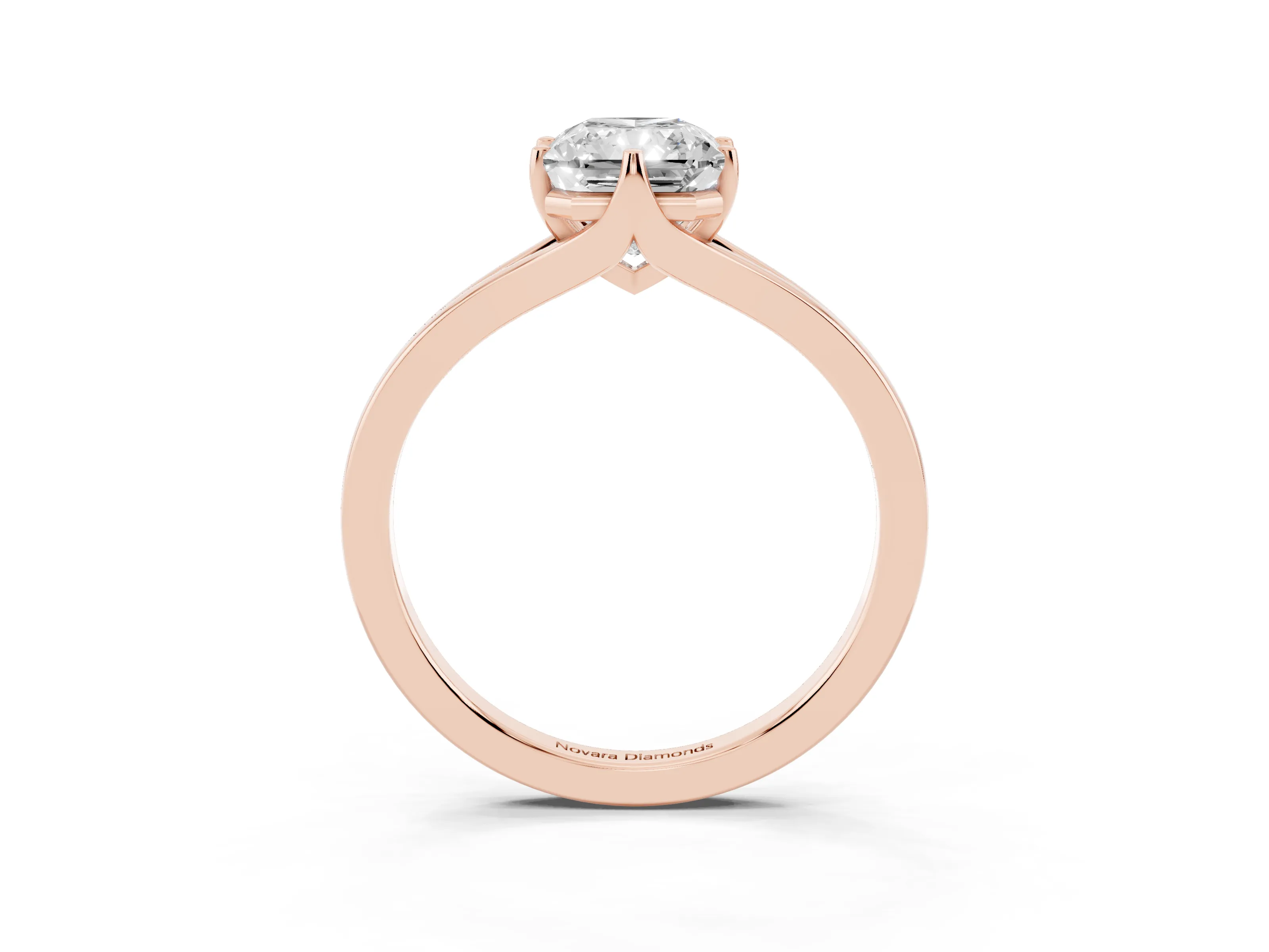 Radiant Cut Diamond Solitaire Ring Set in Rose gold with Polished Tapered Band and Prong Setting