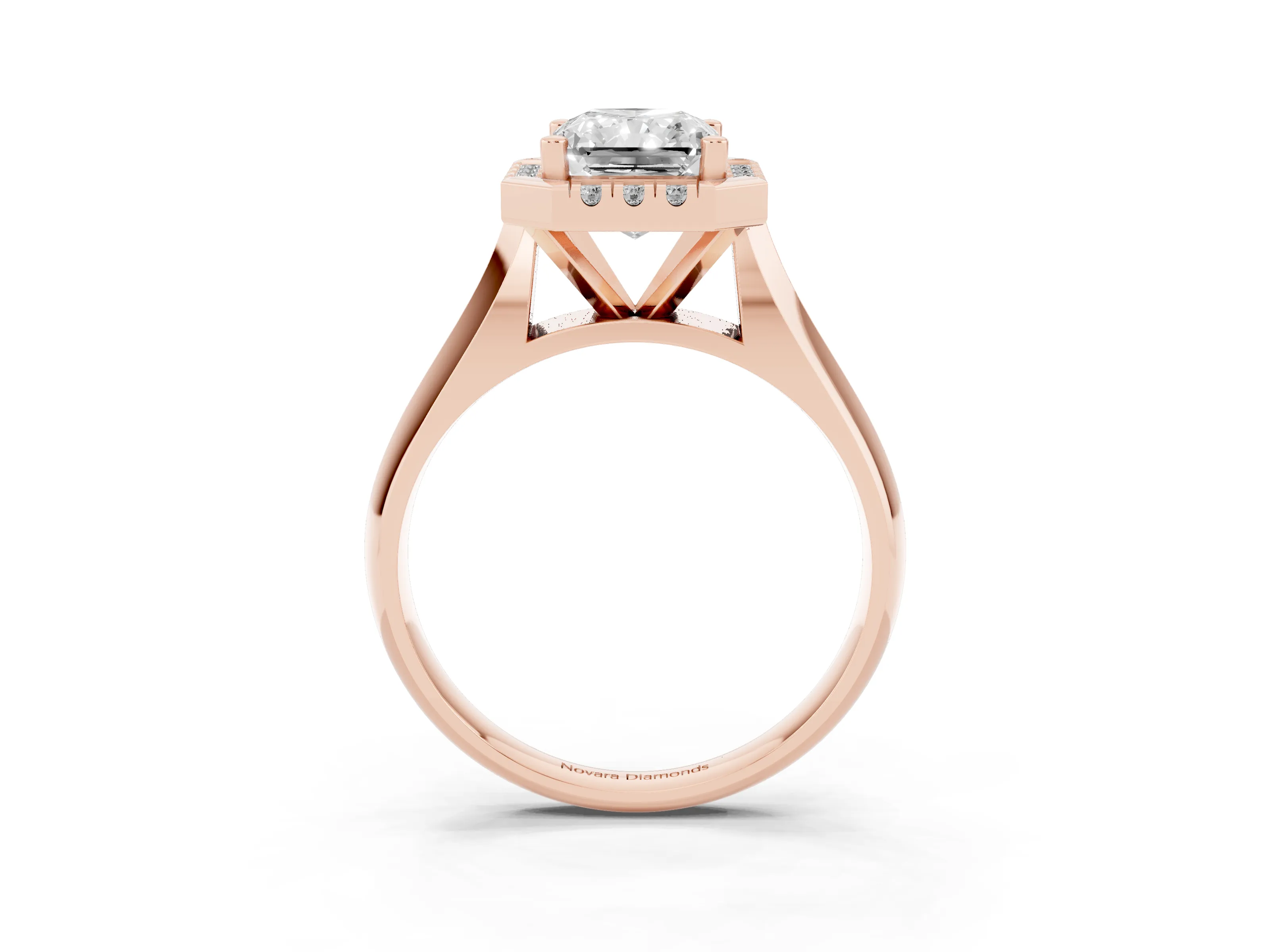 Radiant Cut Diamond Halo Solitaire Engagement Ring Set in Rose gold with Square Band and Prong Setting