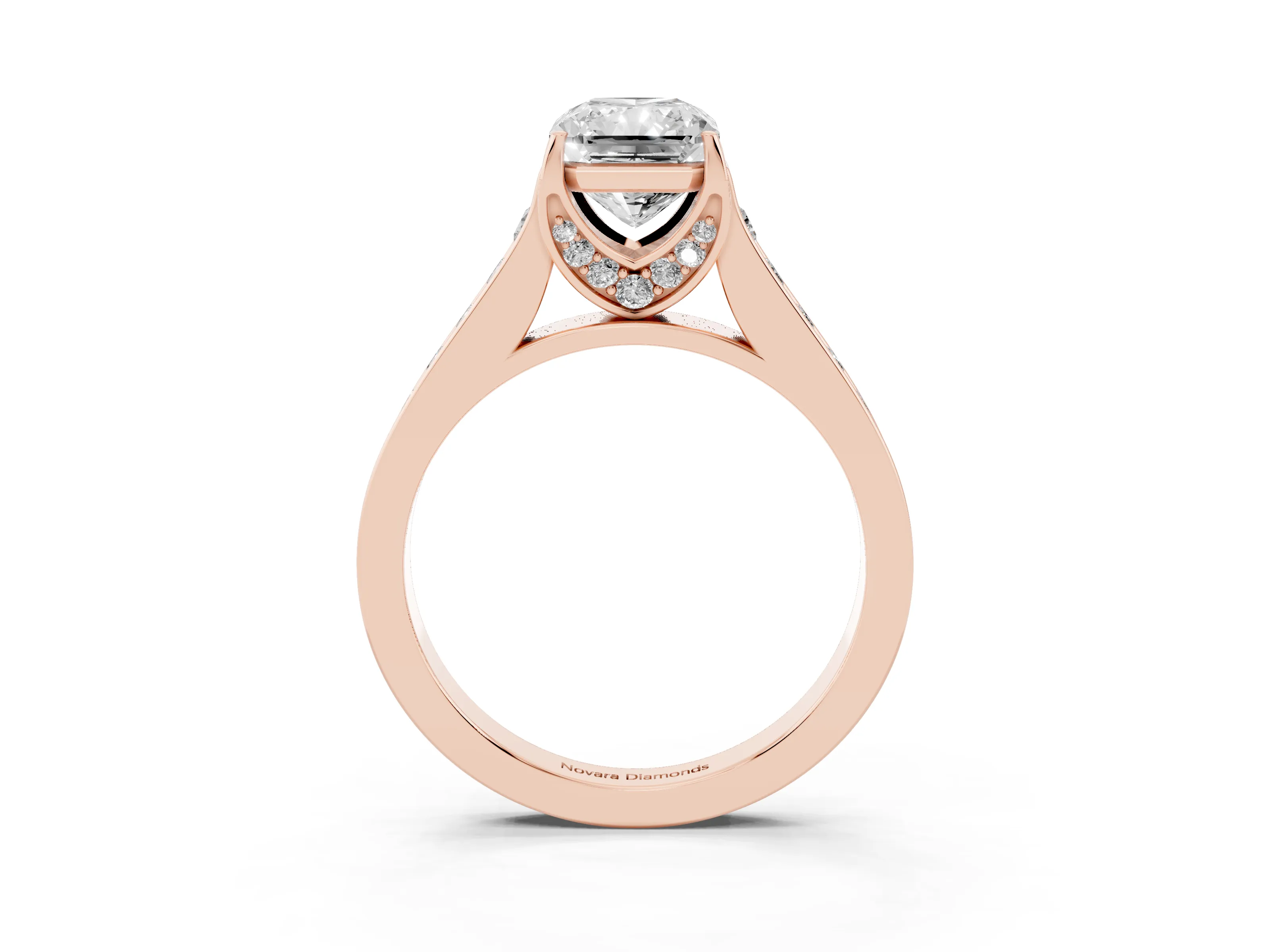 Radiant Cut Diamond Solitaire Pavé Engagement Ring Set in Rose gold with Prong Setting