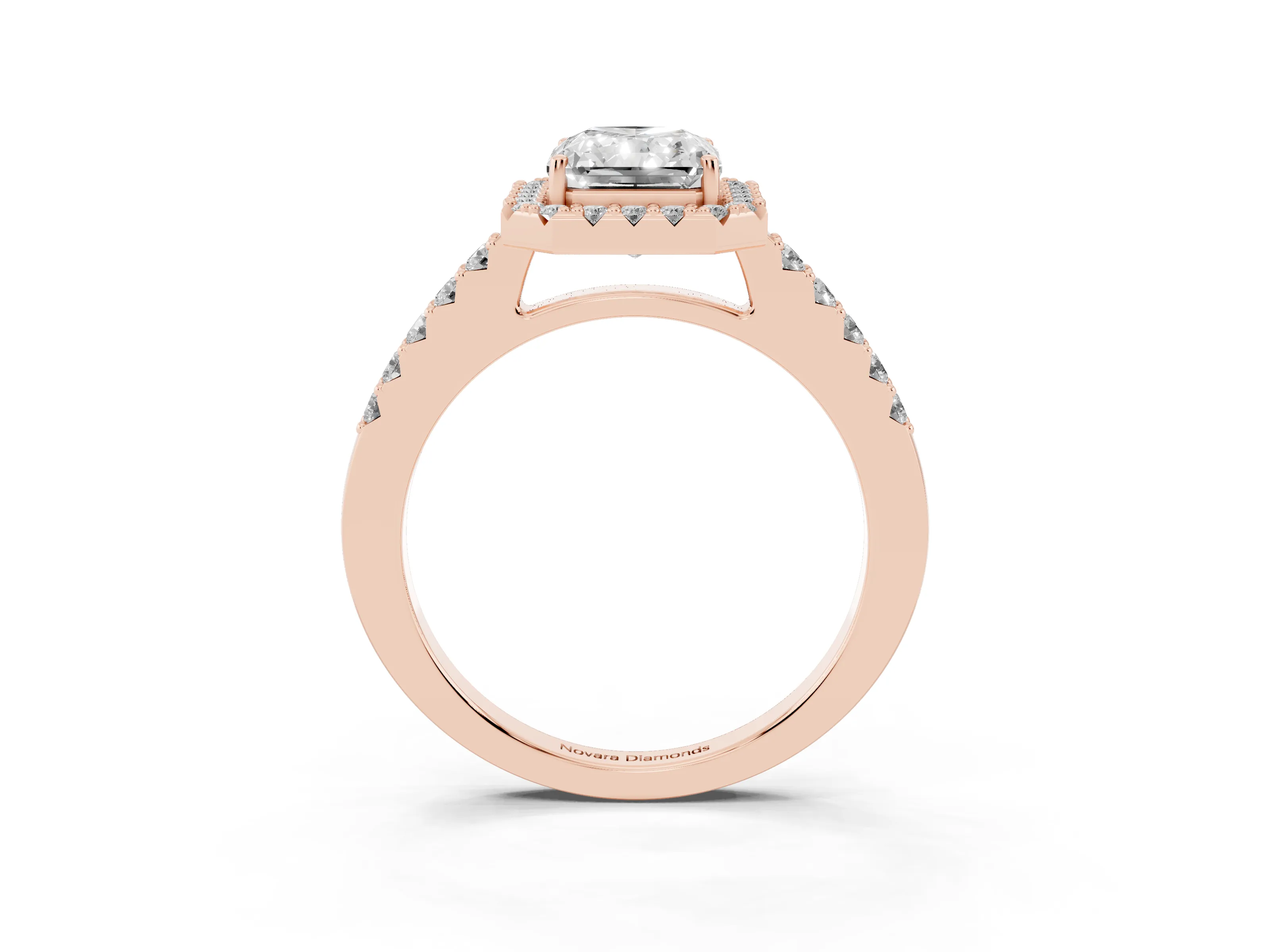 Radiant Cut Diamond Halo Pavé Solitaire Ring Set in Rose gold with Prong-Set Center Stone