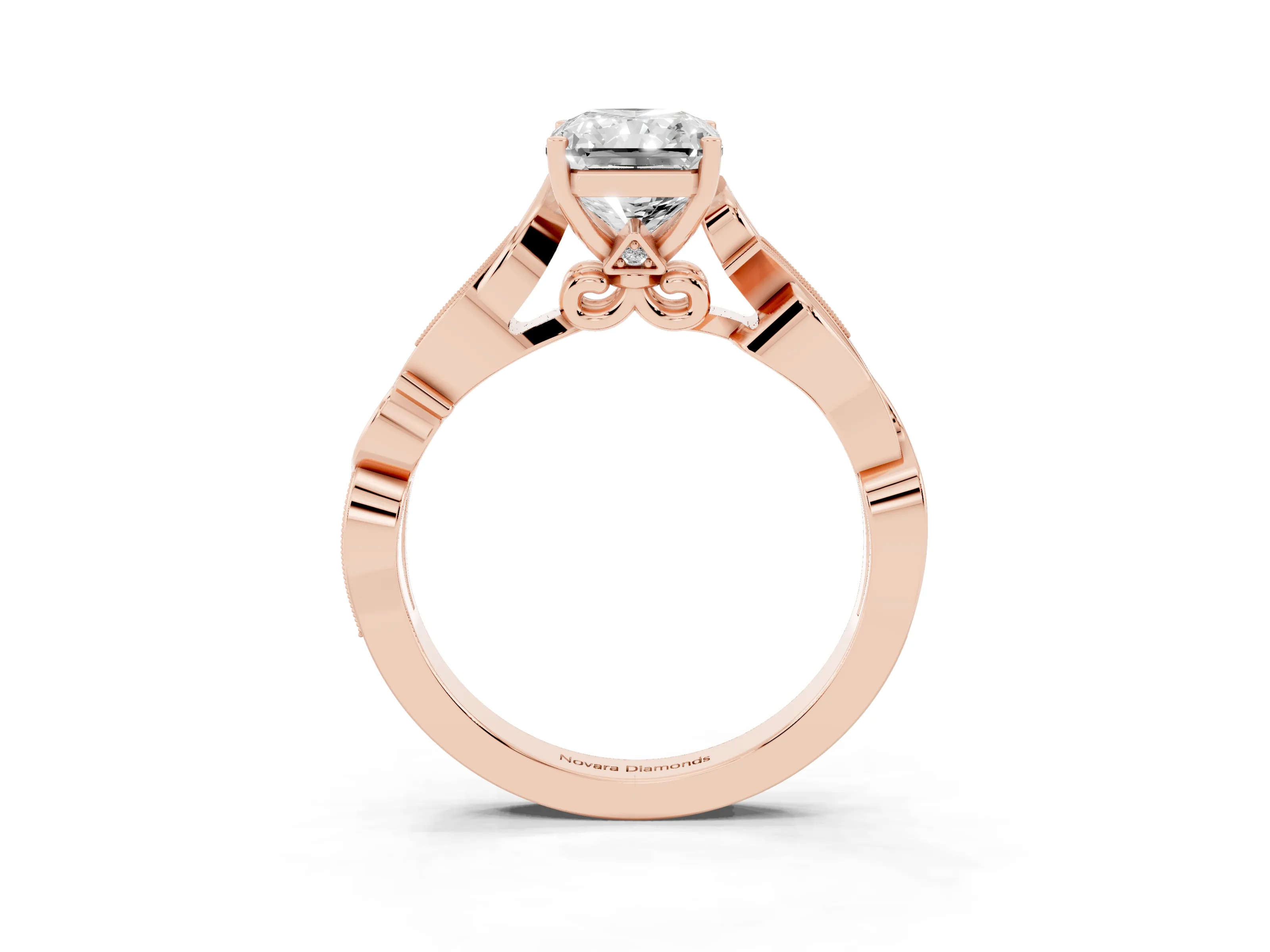 Radiant Cut Diamond Vine Band Solitaire Ring Set in Rose gold with Milgrain Prong Setting