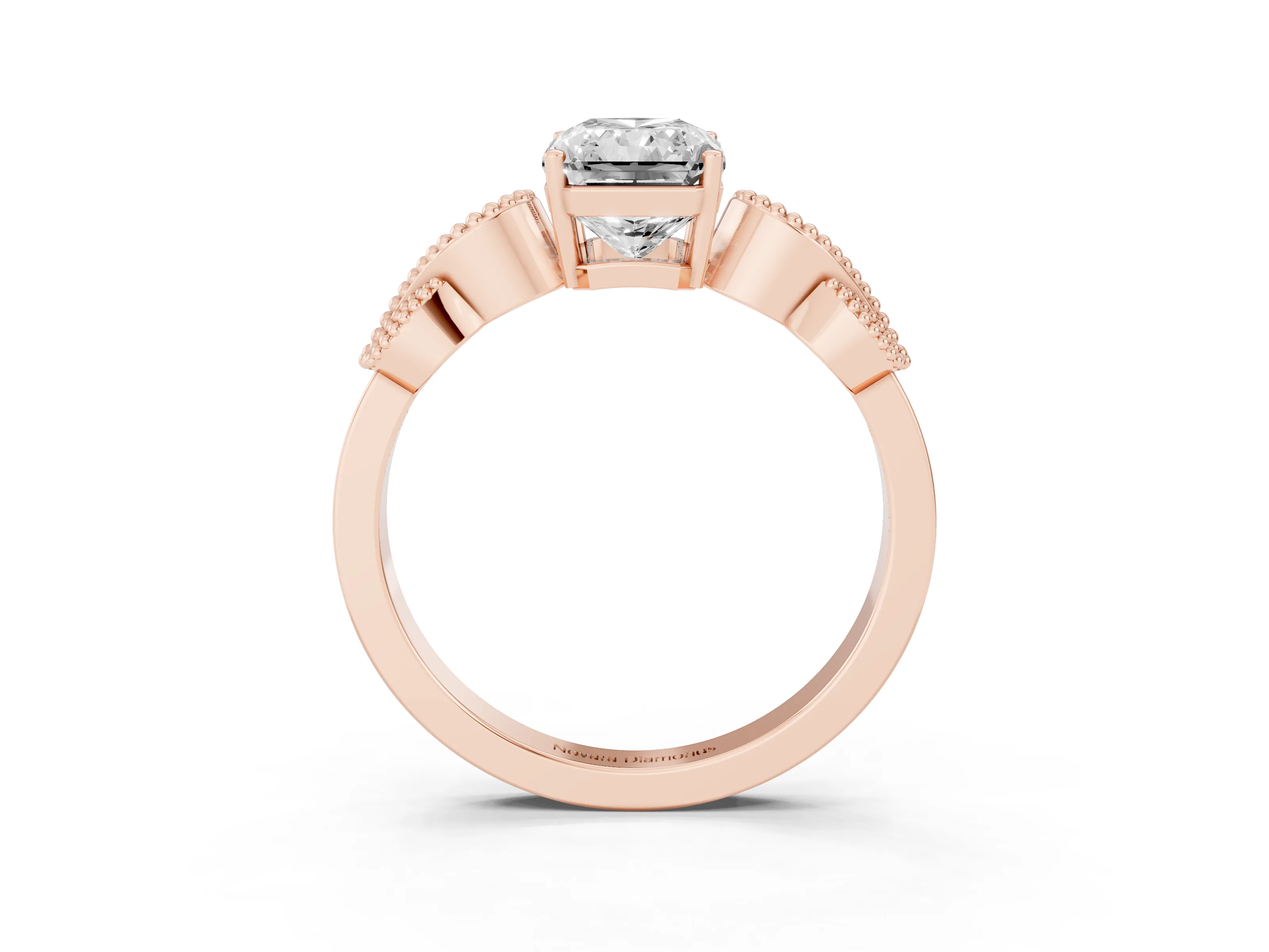 Radiant Cut Diamond Milgrain Leaf Band Solitaire Ring Set in Rose gold with Accent Stones and Prong Setting