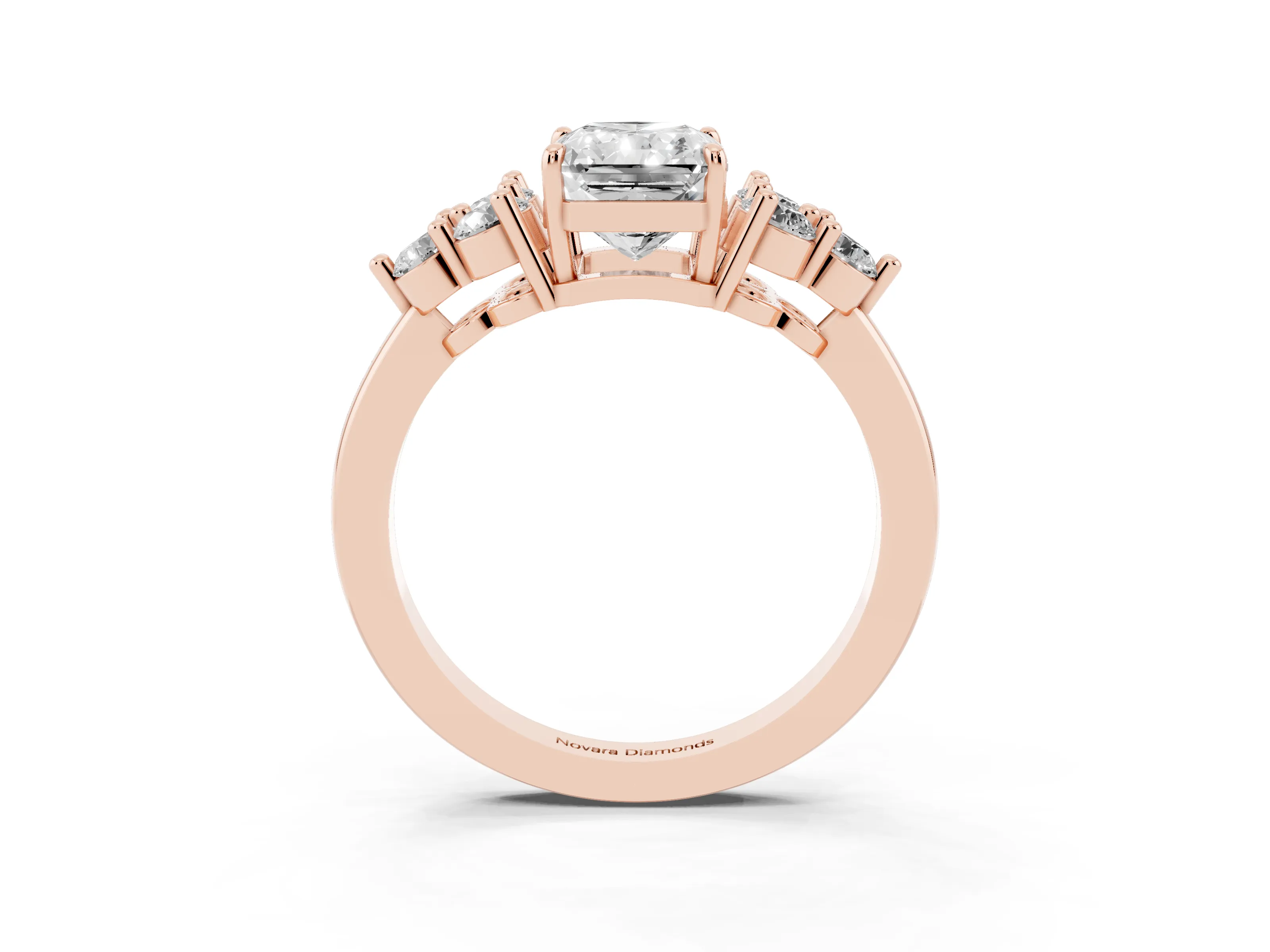 Radiant Cut Diamond Solitaire Ring Set in Rose gold with Cluster Accents on Each Side