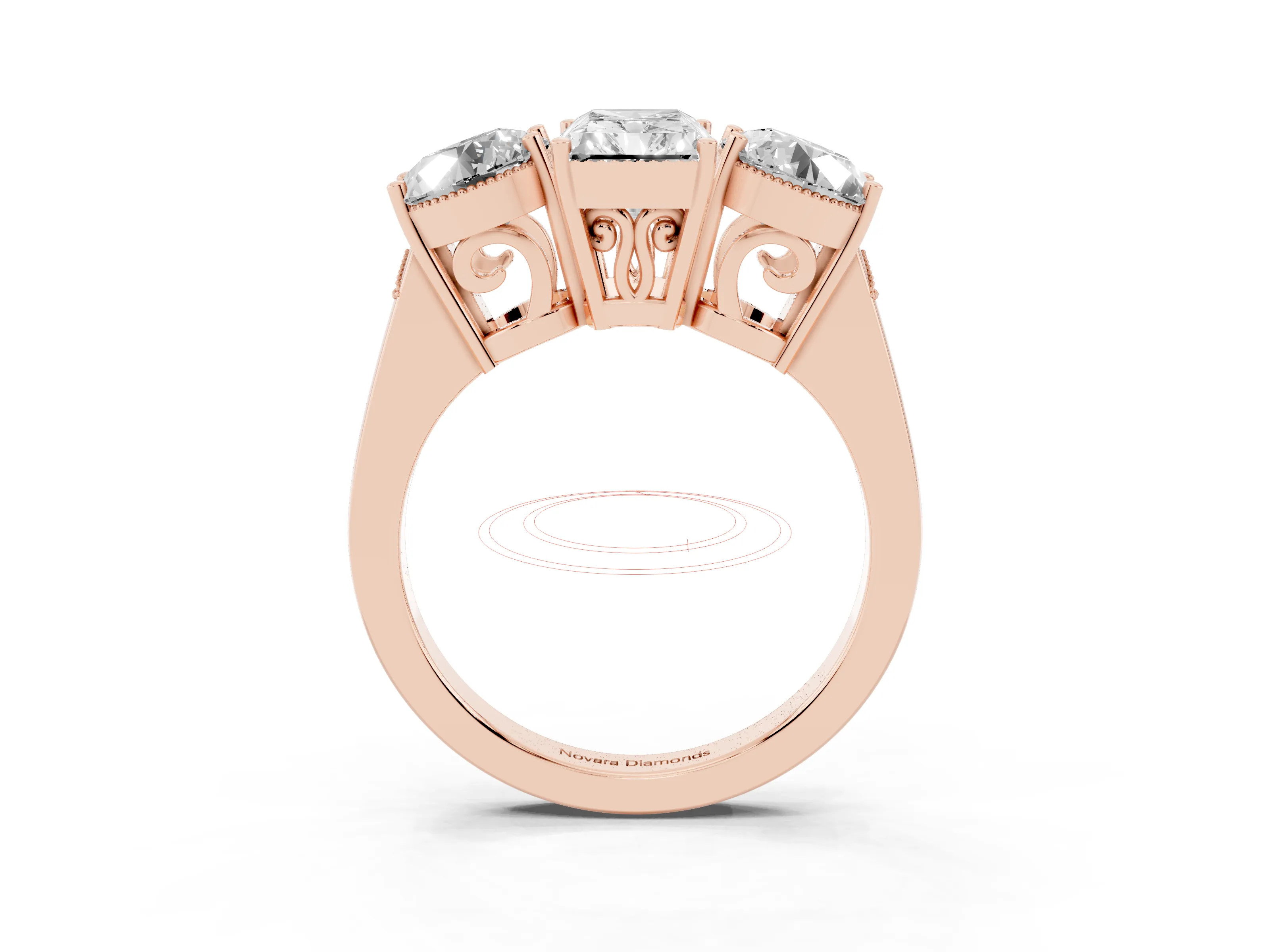 Radiant Cut Diamond Three-Stone Engagement Ring Set in Rose gold with Polished Band