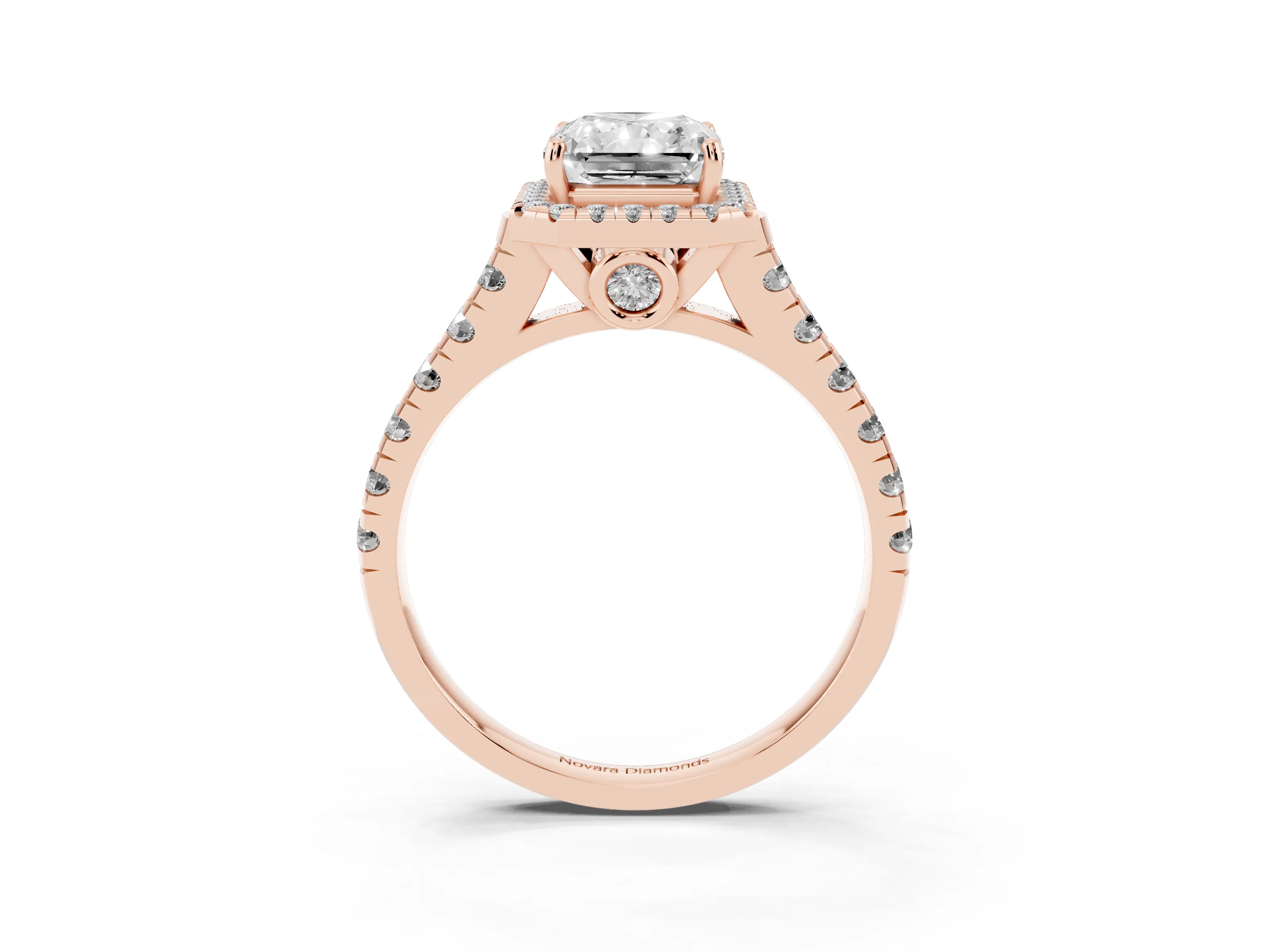 Radiant Cut Diamond Halo Engagement Ring Set in Rose gold with Pavé Band and Prong-Set Center