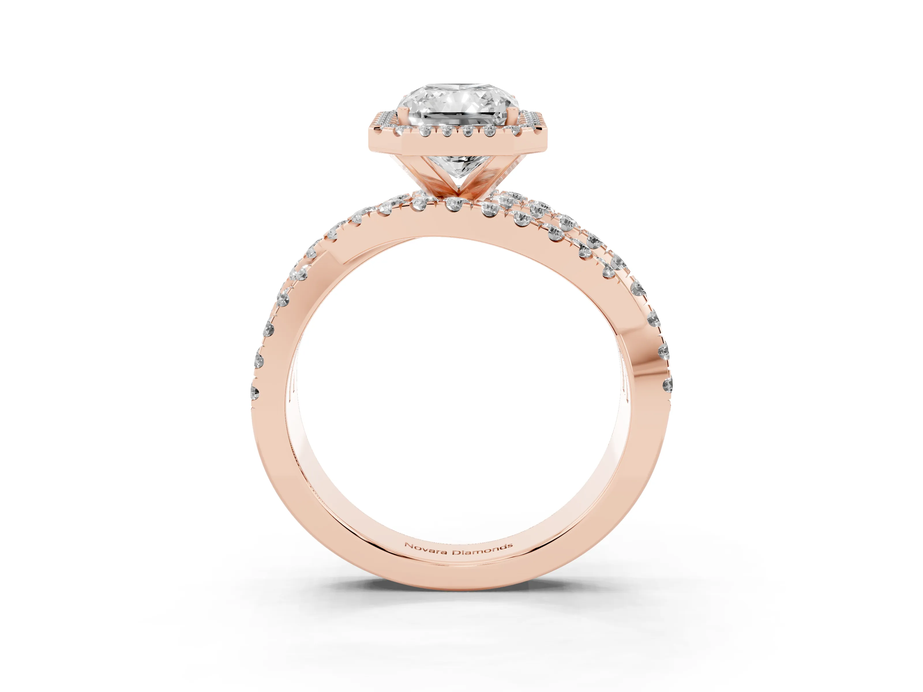 Radiant Cut Diamond Halo Ring Set in Rose gold with Round Crossover Split Shank and Prong Setting