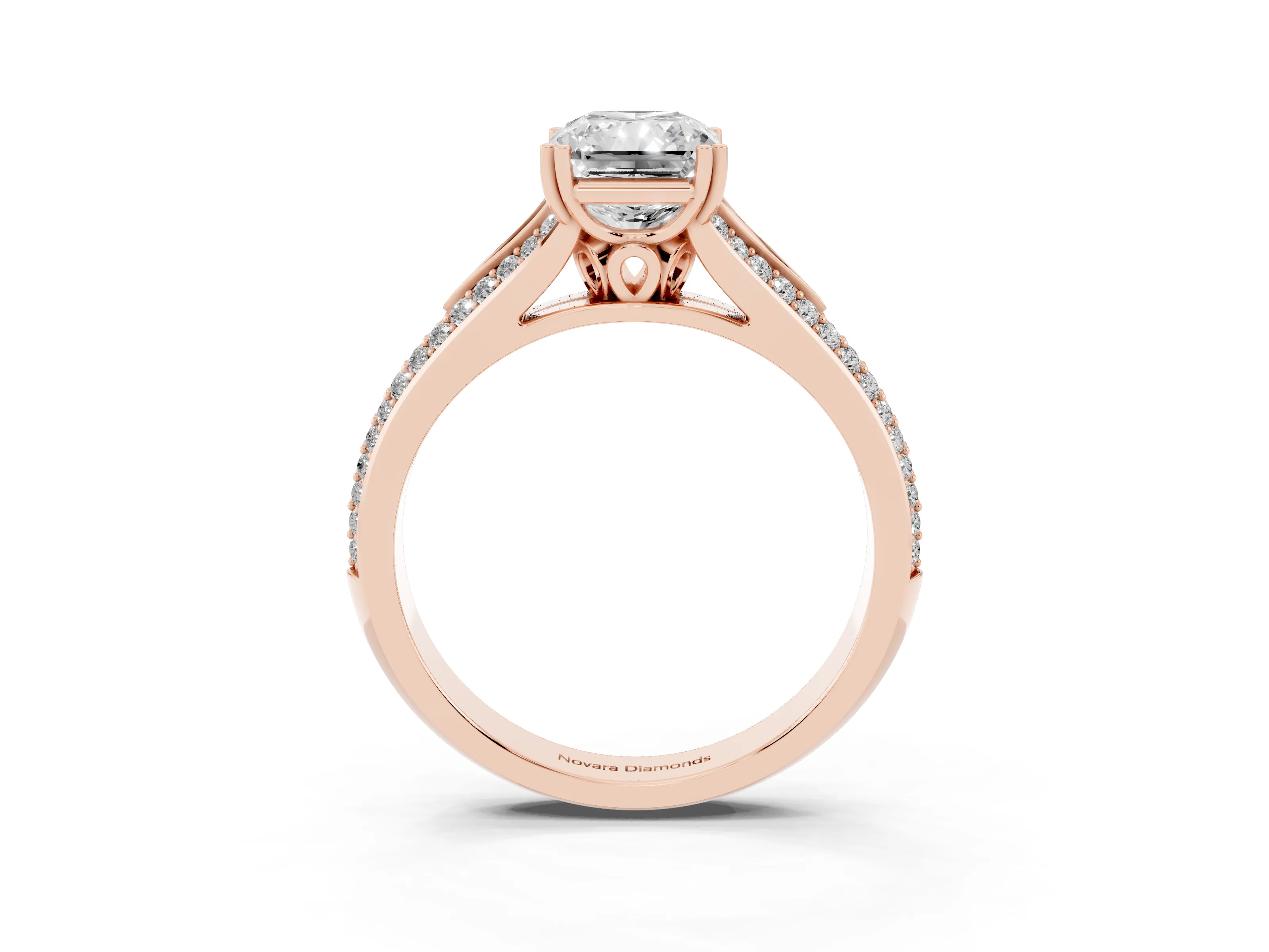 Radiant Cut Diamond Split Shank Pavé Engagement Ring Set in Rose gold with Prong-Set Center Stone