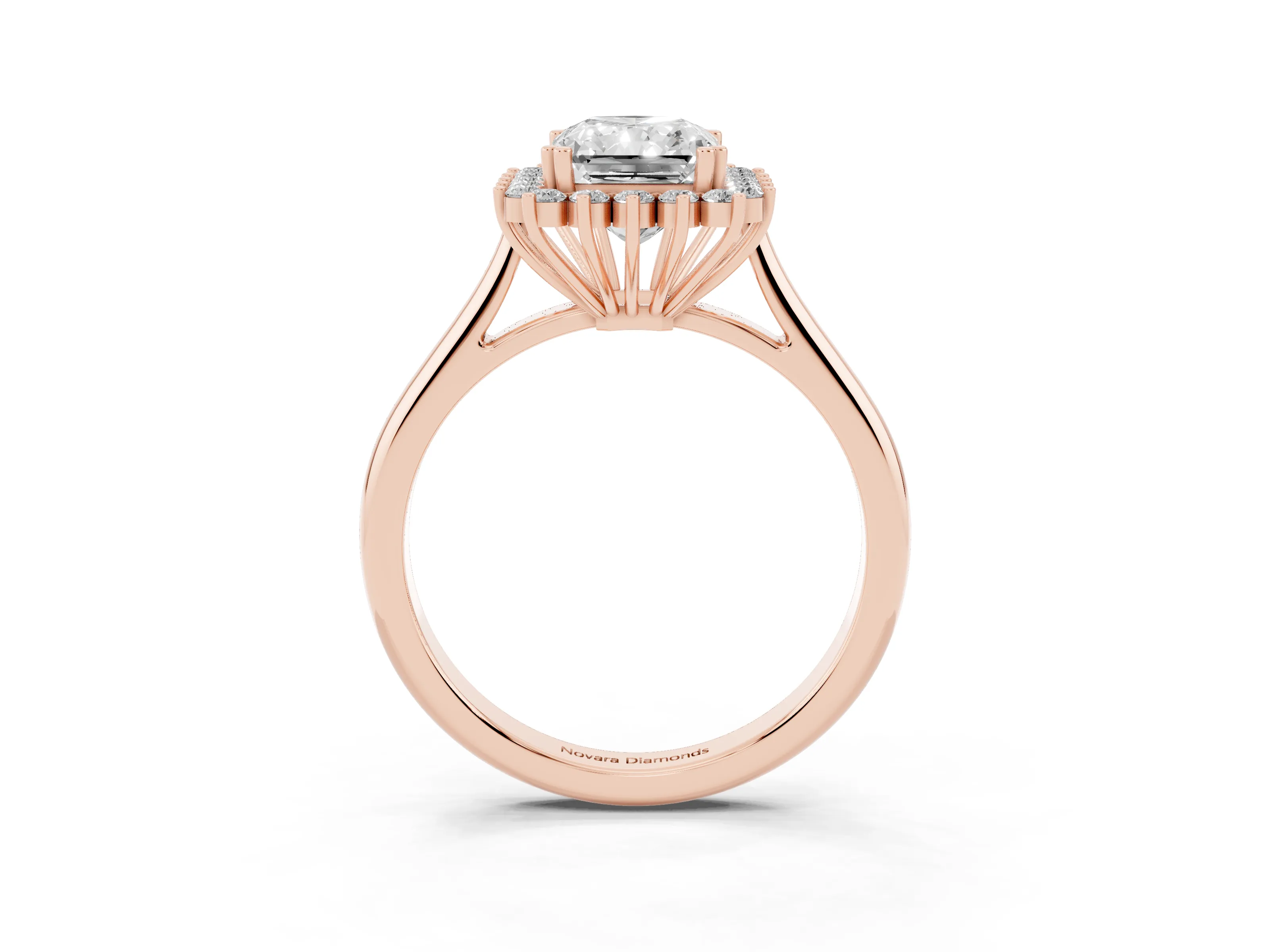 Radiant Cut Diamond Halo Ring Set in Rose gold with Plain Solitaire Band and Prong Setting