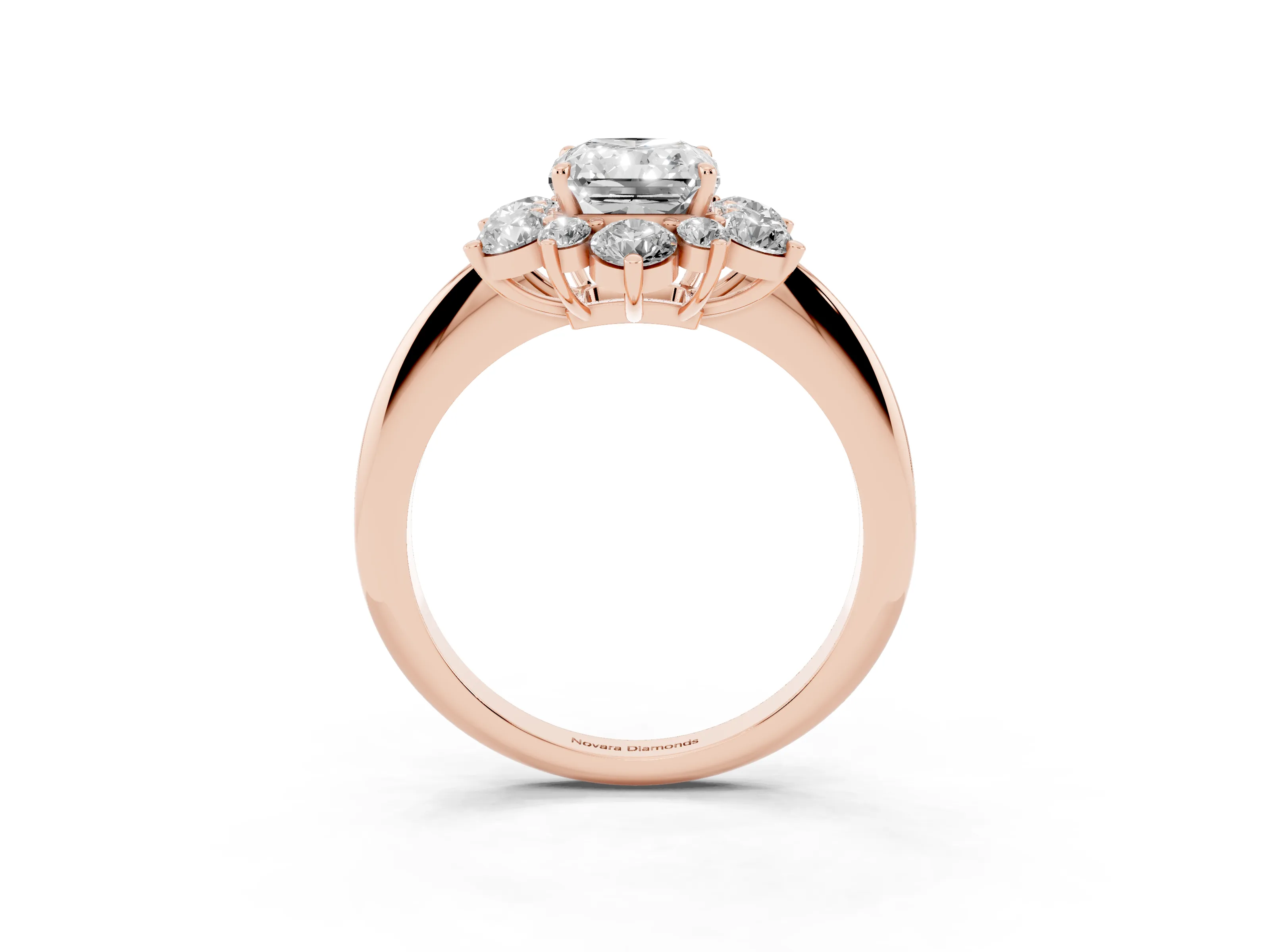 Radiant Cut Diamond Cluster Halo Ring Set in Rose gold with Solitaire Band and Prong Setting