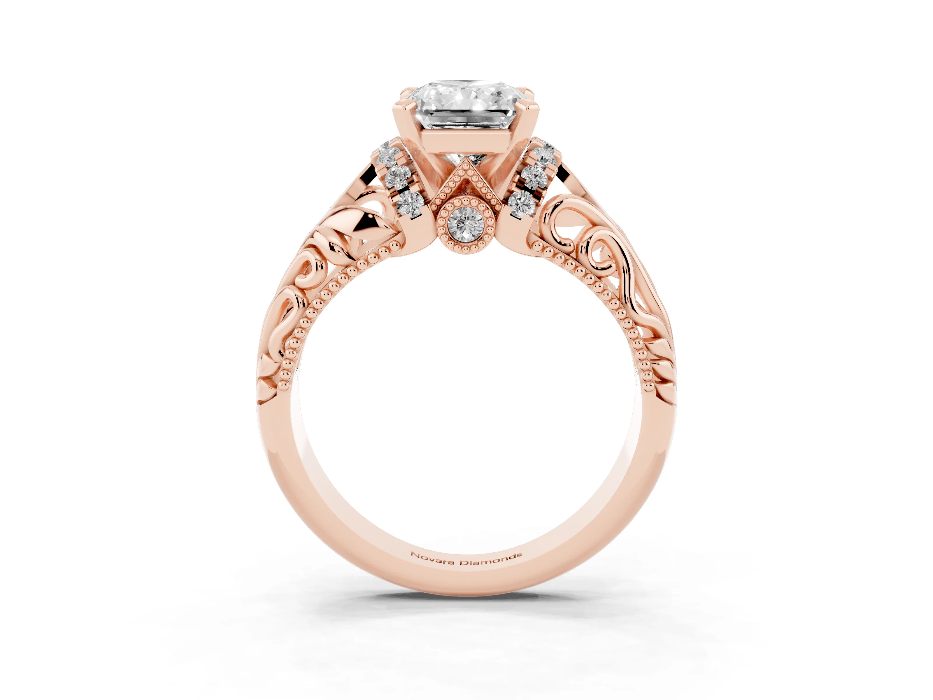 Radiant Cut Diamond Filigree Halo Engagement Ring Set in Rose gold with Prong Setting