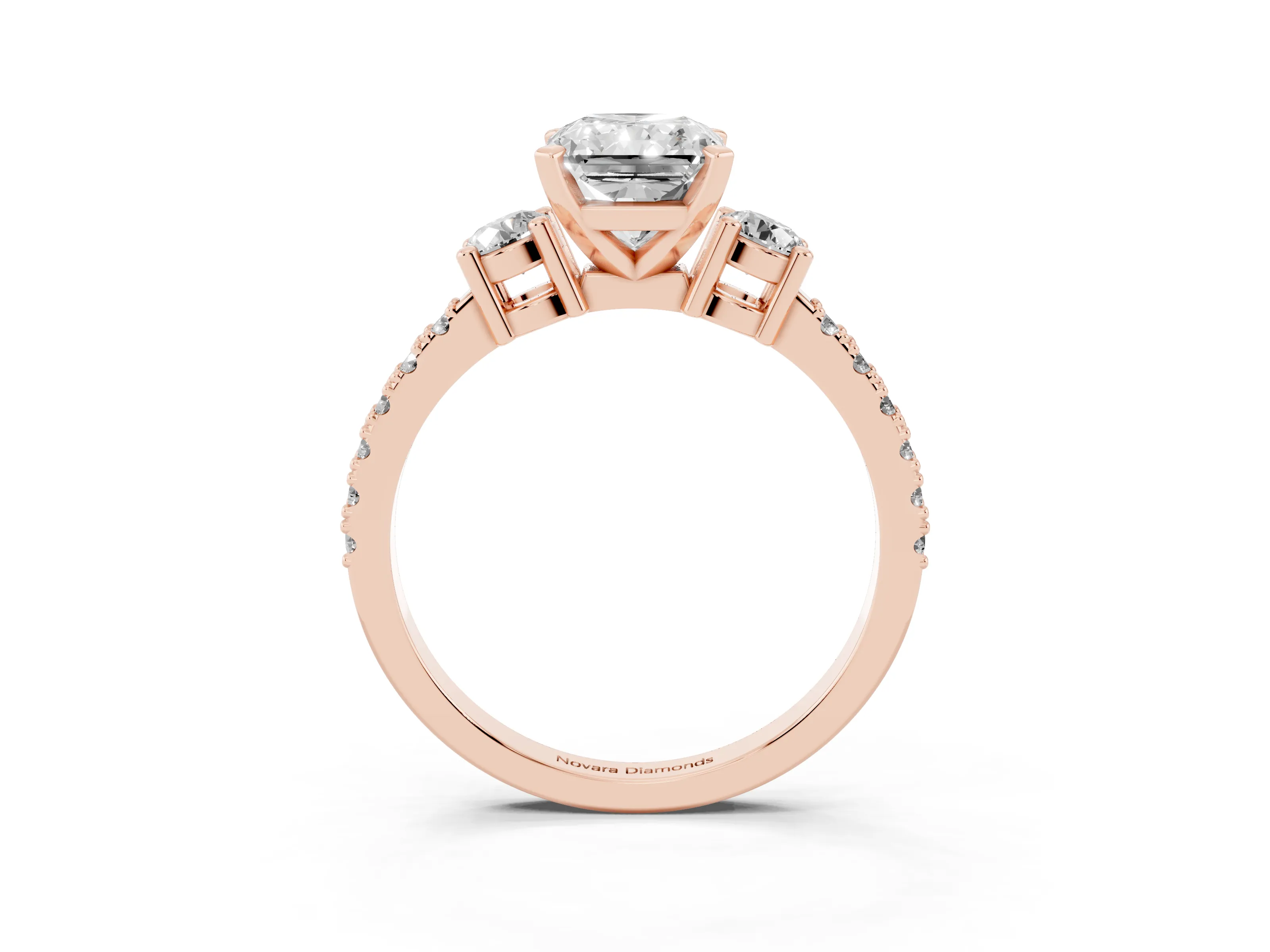 Three-Stone Radiant Cut Diamond Pavé Band Ring Set in Rose gold with Prong Setting