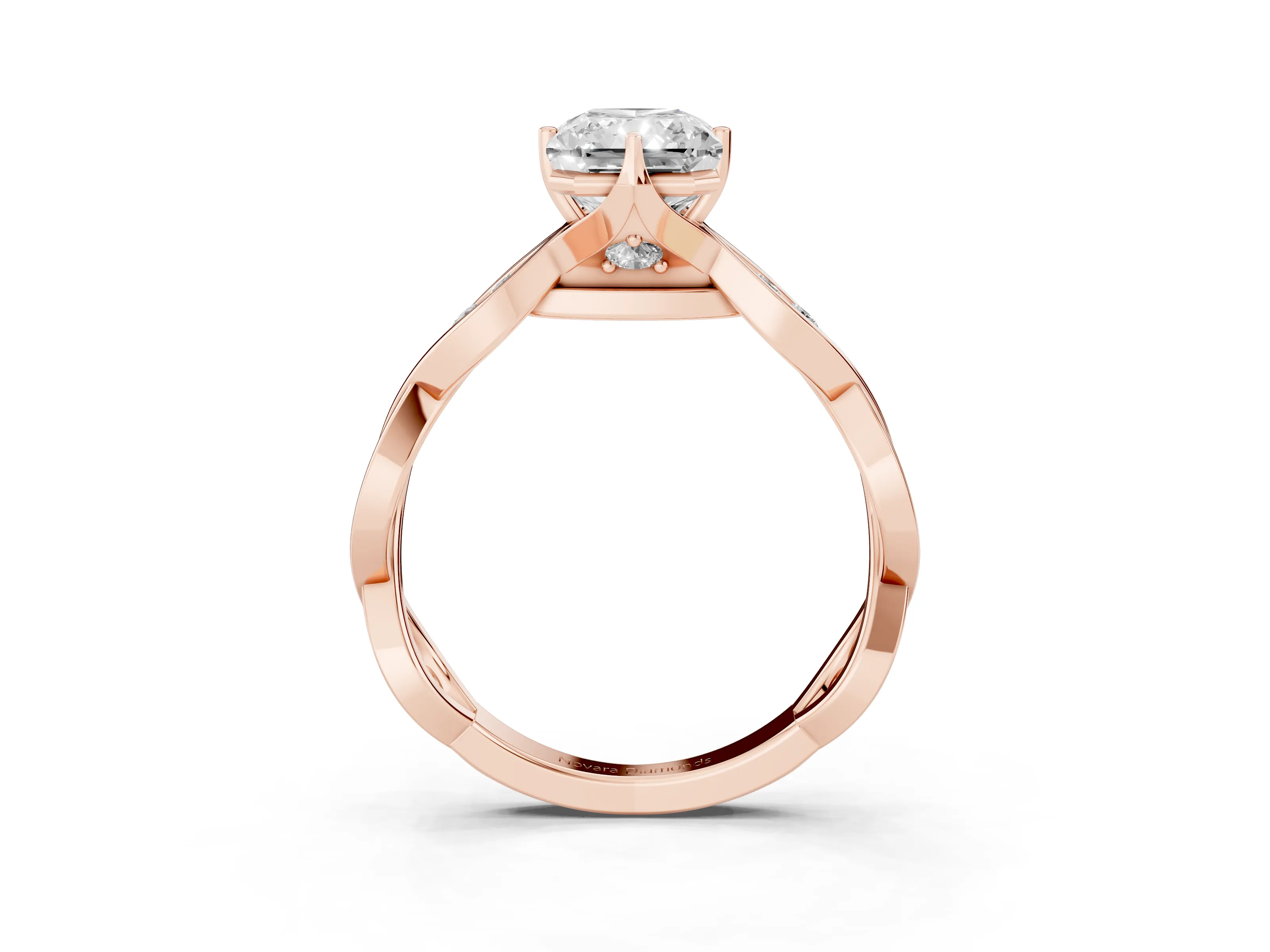 Radiant Cut Diamond Twist Band Solitaire Ring Set in Rose gold with Leaf Prong Setting and Accent Stones