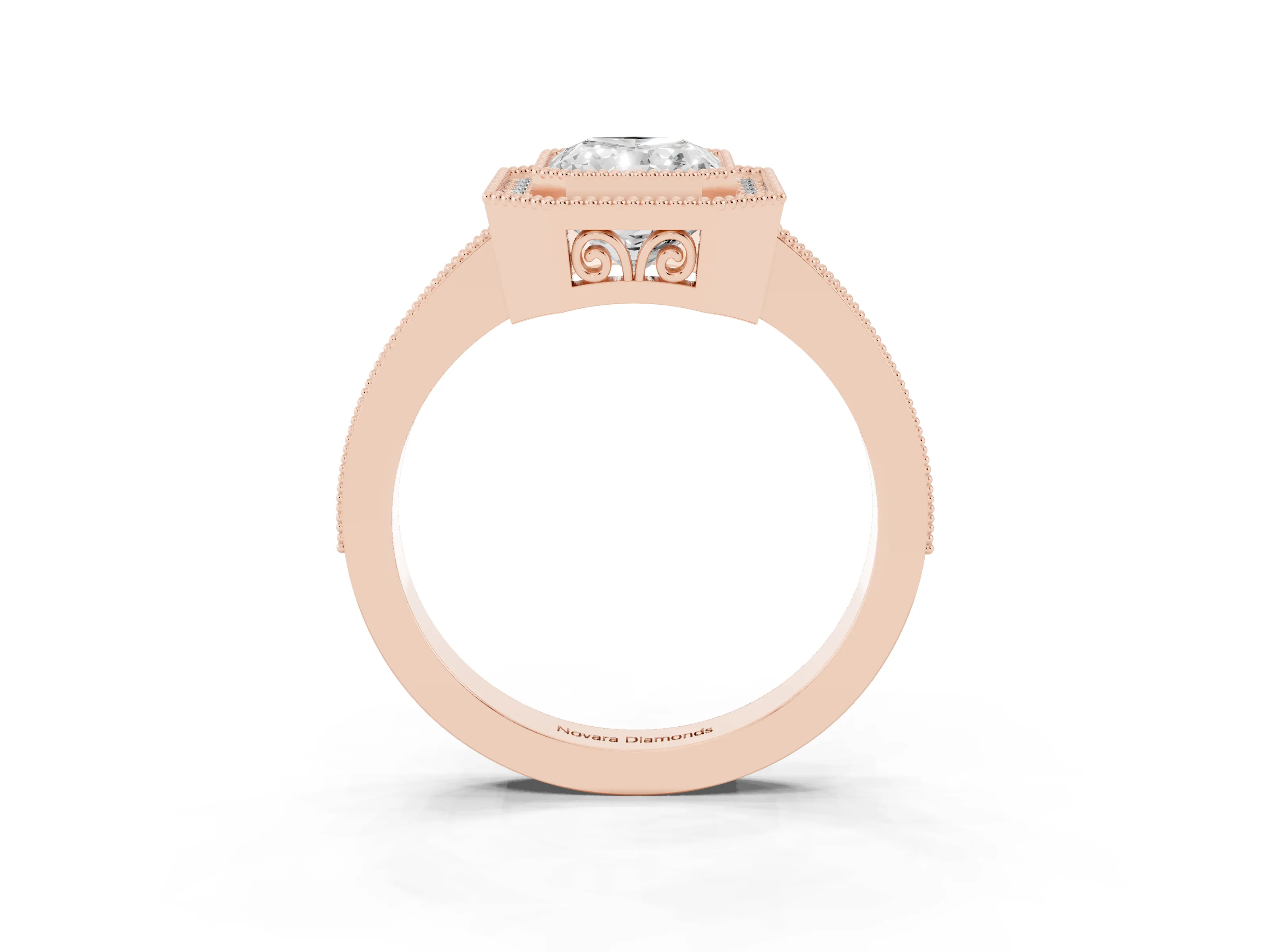 Radiant Cut Diamond Halo Ring Set in Rose gold with Pavé Band and Milgrain-Edged Prongs