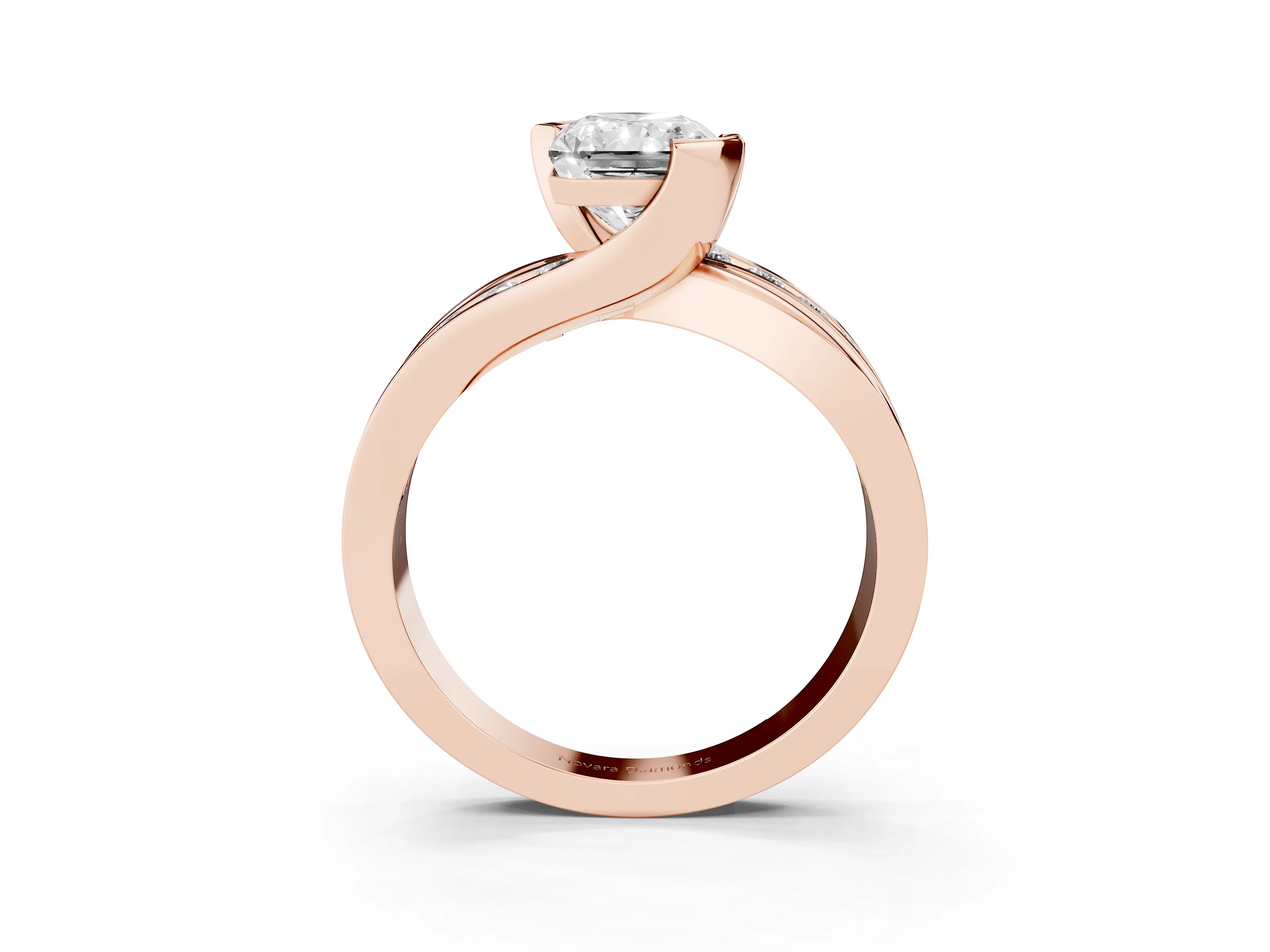 Radiant Cut Diamond Solitaire Ring Set in Rose gold with Channel Set Split Shank and Tension Prongs