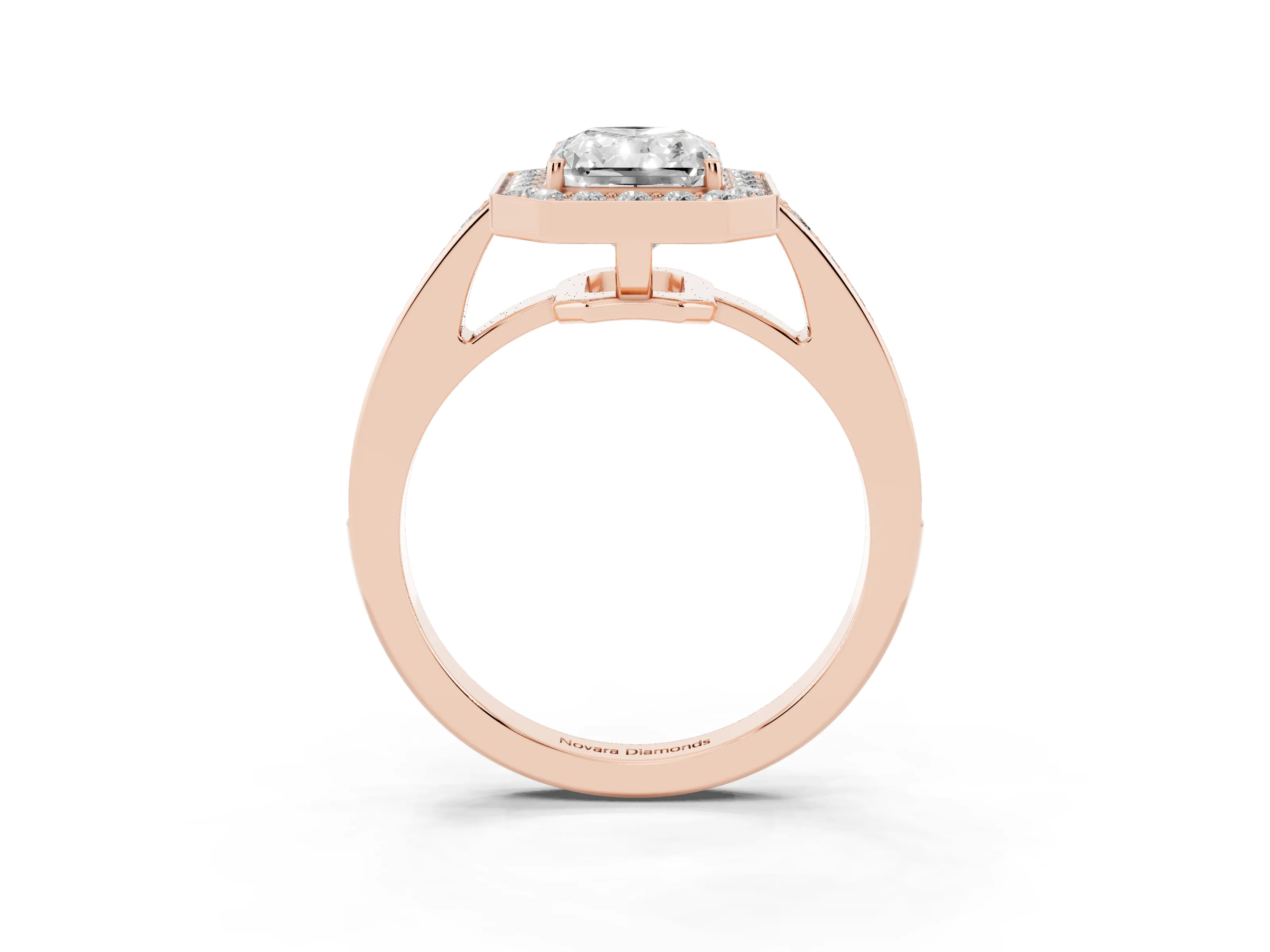 Radiant Cut Diamond Halo Pavé Engagement Ring Set in Rose gold with Bezel Setting