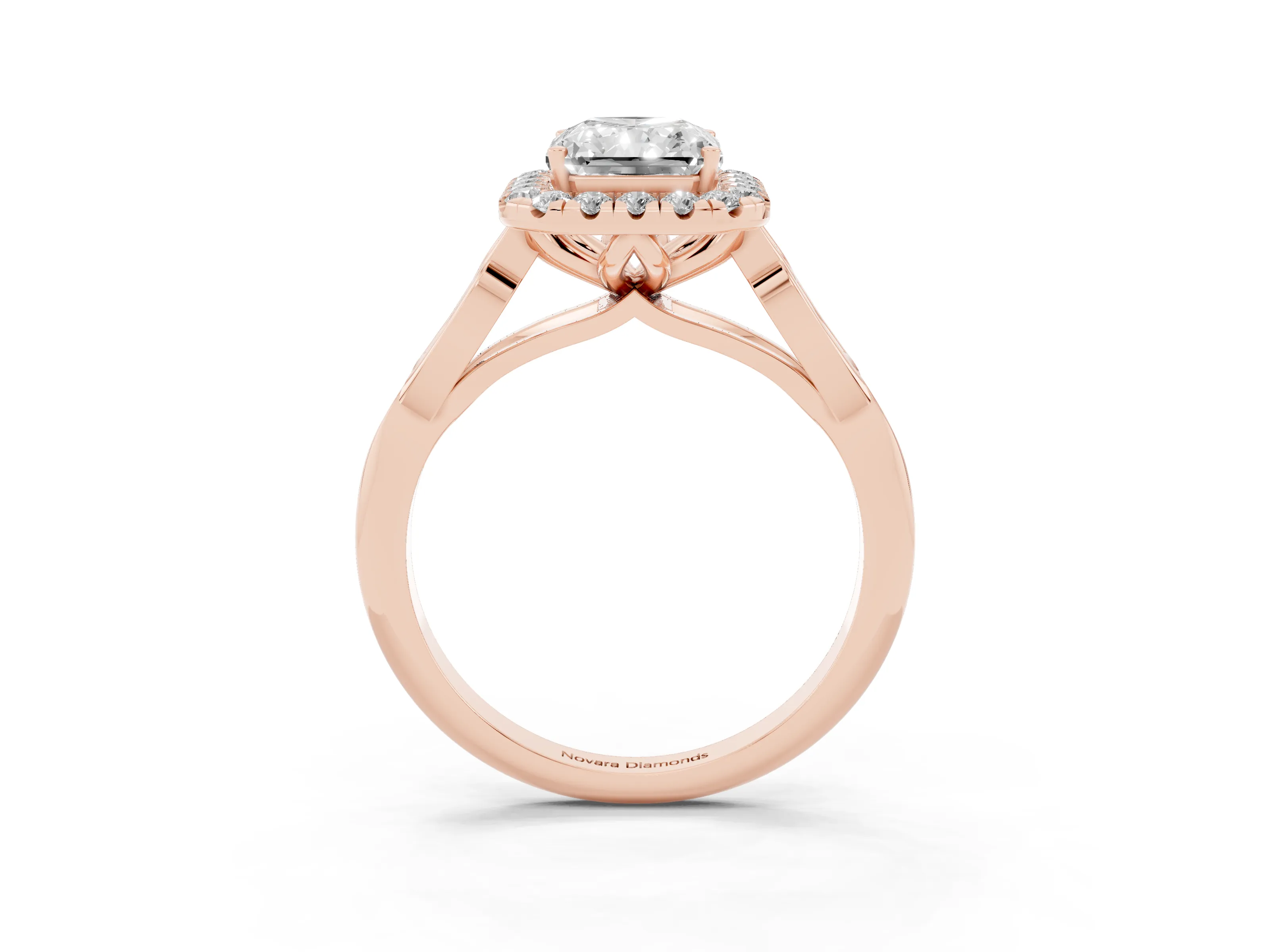 Radiant Cut Diamond Halo Engagement Ring Set in Rose gold with Filigree Band and Prong-Set Center
