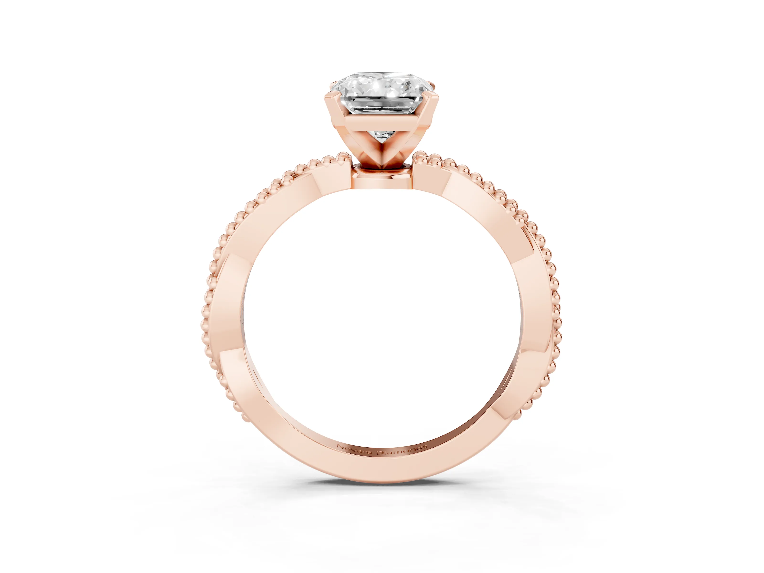 Radiant Cut Diamond Solitaire Ring Set in Rose gold with Twisted Band and Bead Prong Setting