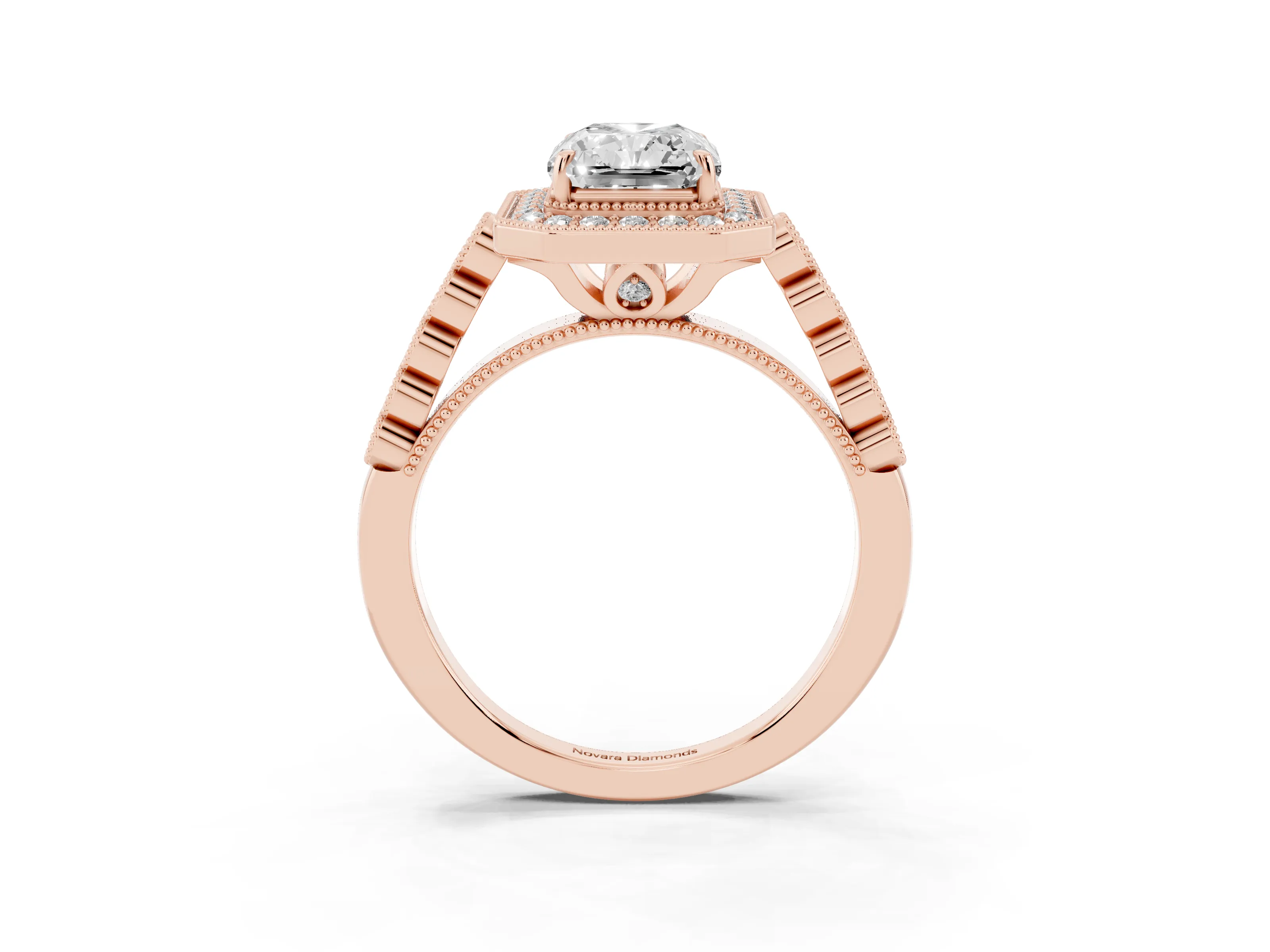 Radiant Cut Diamond Milgrain Halo Solitaire Ring Set in Rose gold with Bezel Set Side Stones and Pavé Band