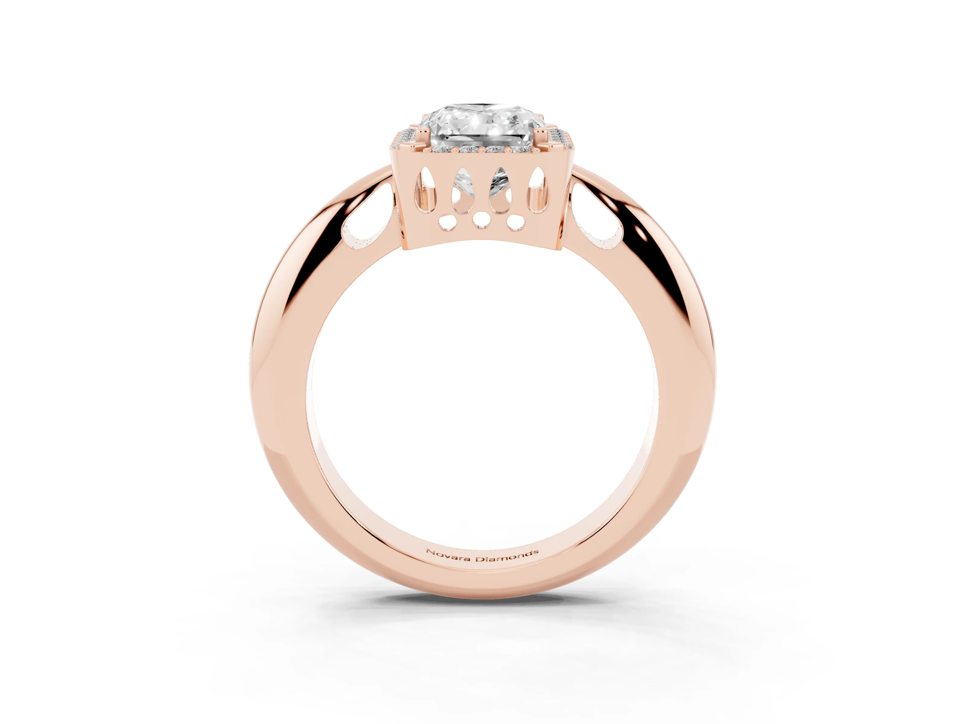Radiant Cut Diamond Halo Engagement Ring Set in Rose gold with Plain Split Shank and Prong Setting