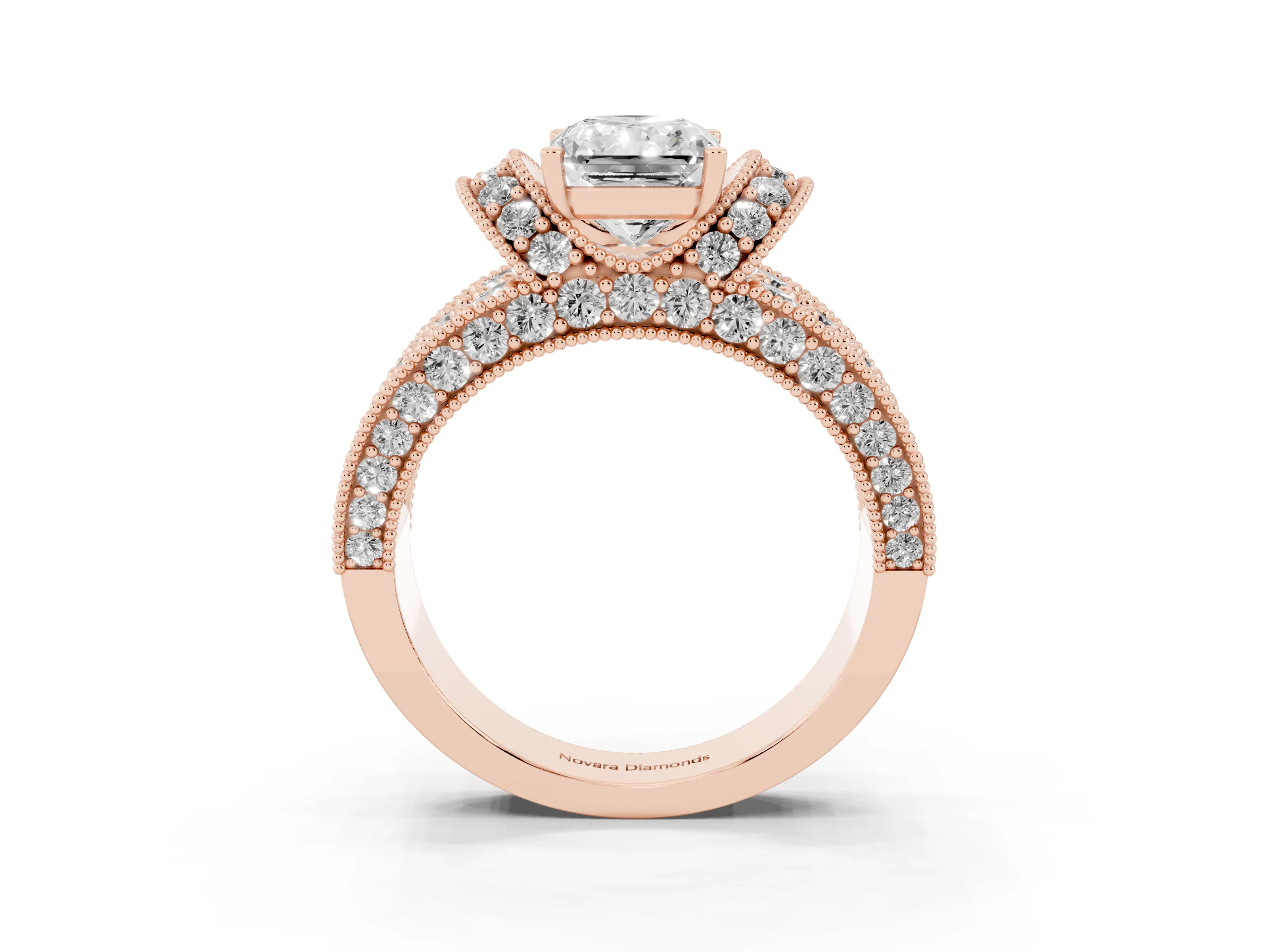 Radiant Cut Diamond Milgrain Halo Pavé Engagement Ring Set in Rose gold with Prong Setting