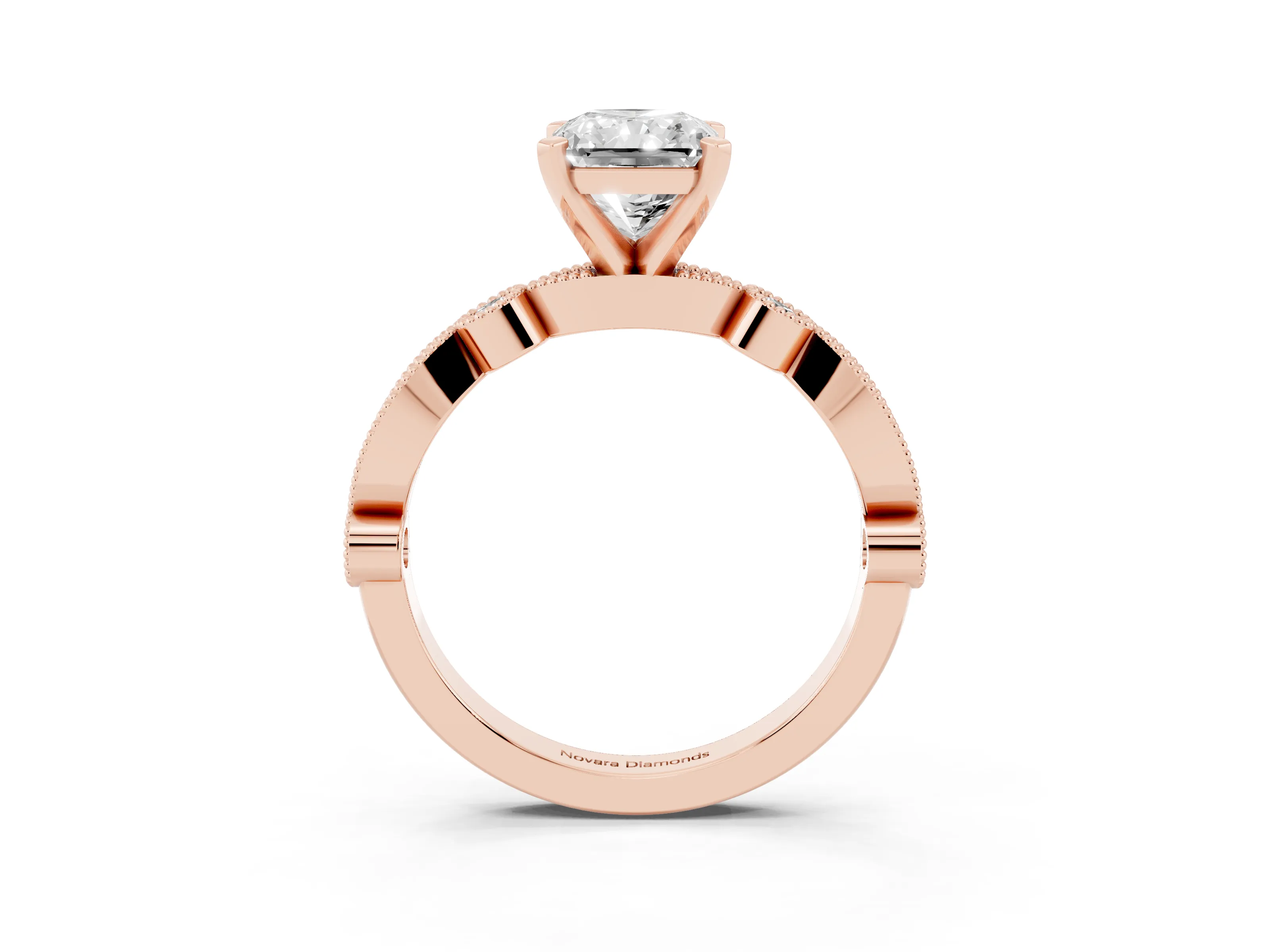 Radiant Cut Diamond Solitaire Engagement Ring Set in Rose gold with Milgrain Bezel Accent Band