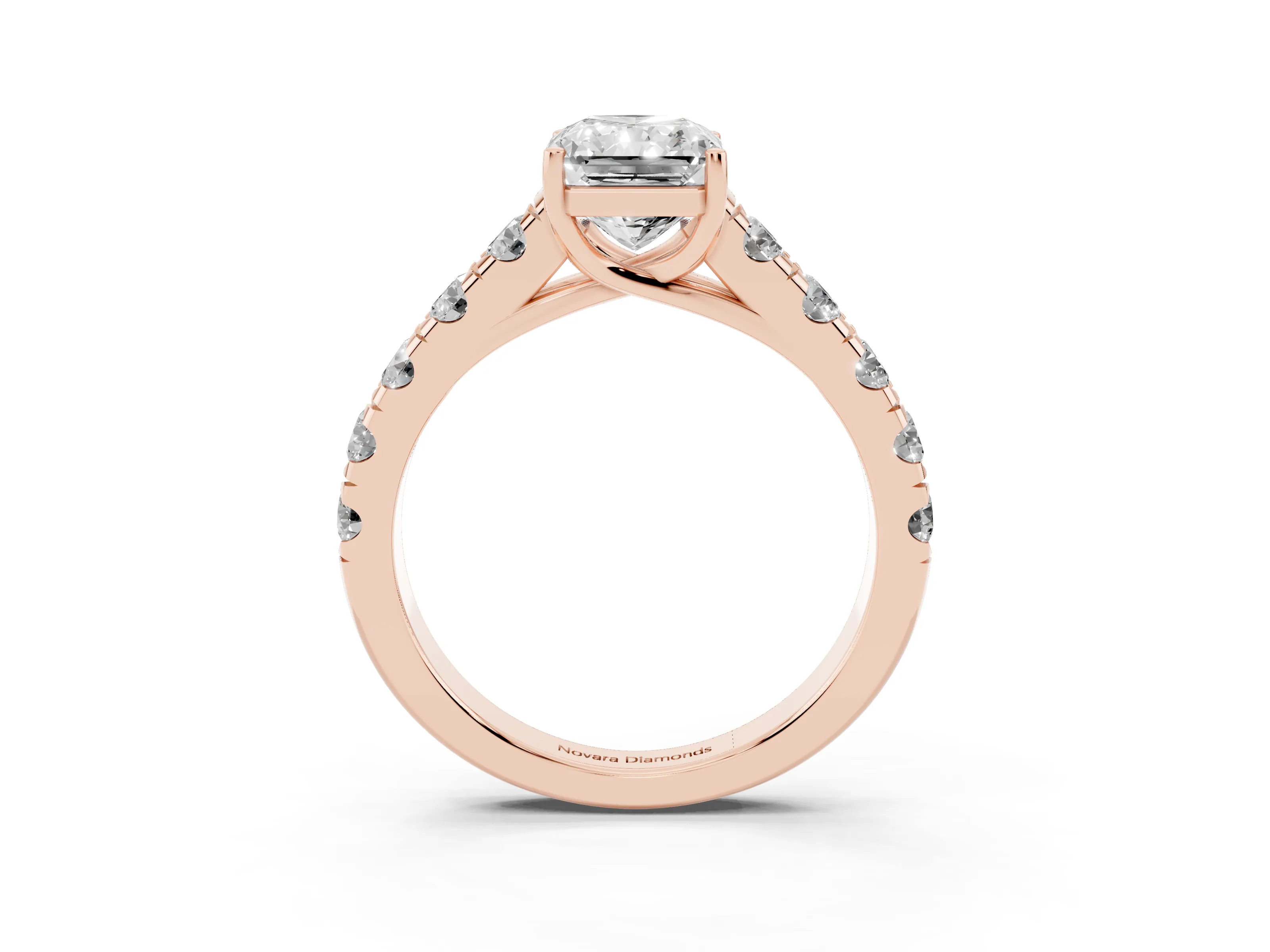 Radiant Cut Diamond Solitaire Ring Set in Rose gold with Cut-Down Micro Pavé Band and Prong Setting