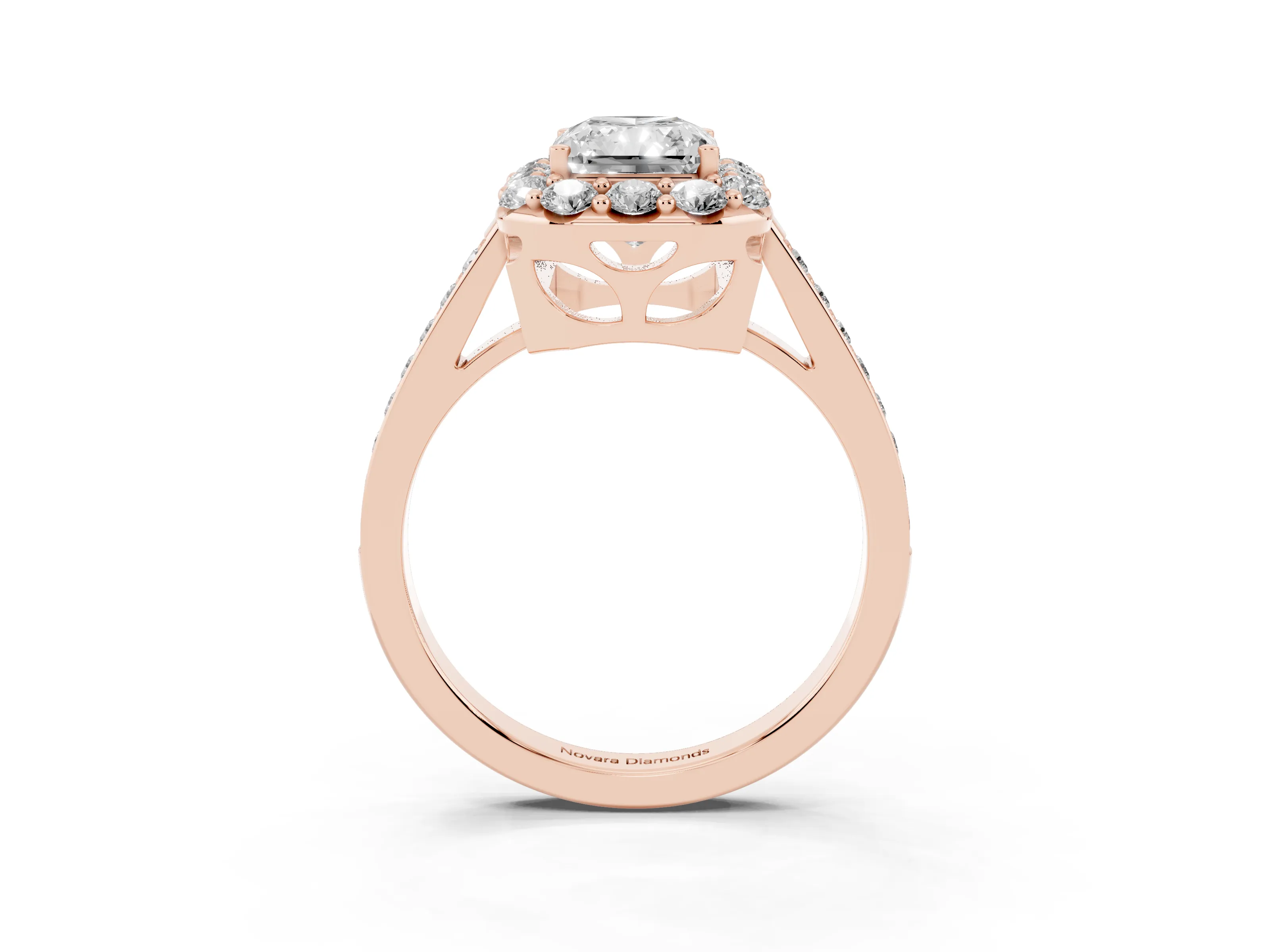 Radiant Cut Diamond Floral Halo Ring Set in Rose gold with Pavé Band and Prong Setting