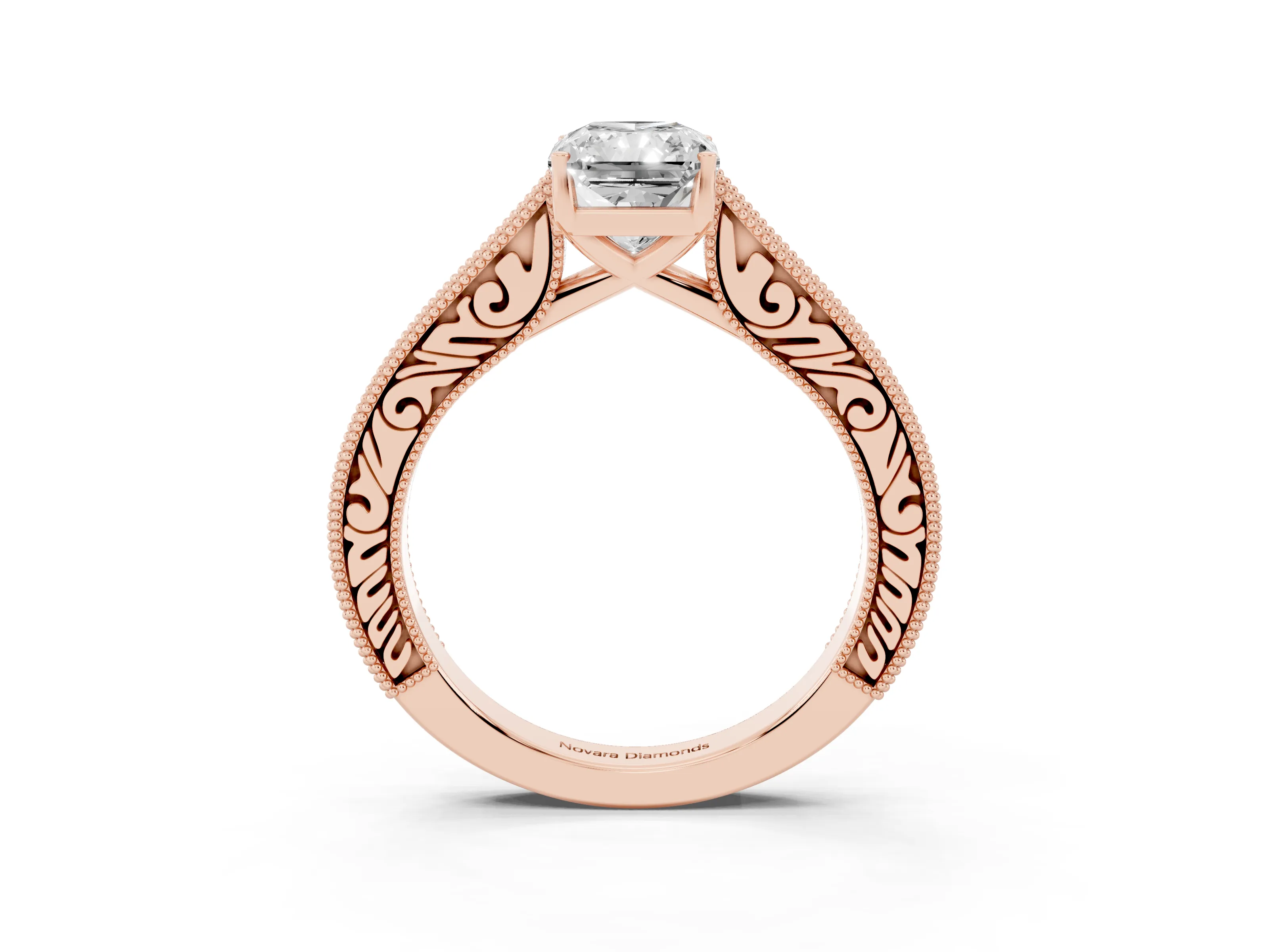Radiant Cut Diamond Milgrain Pavé Band Solitaire Ring Set in Rose gold with Prong Setting