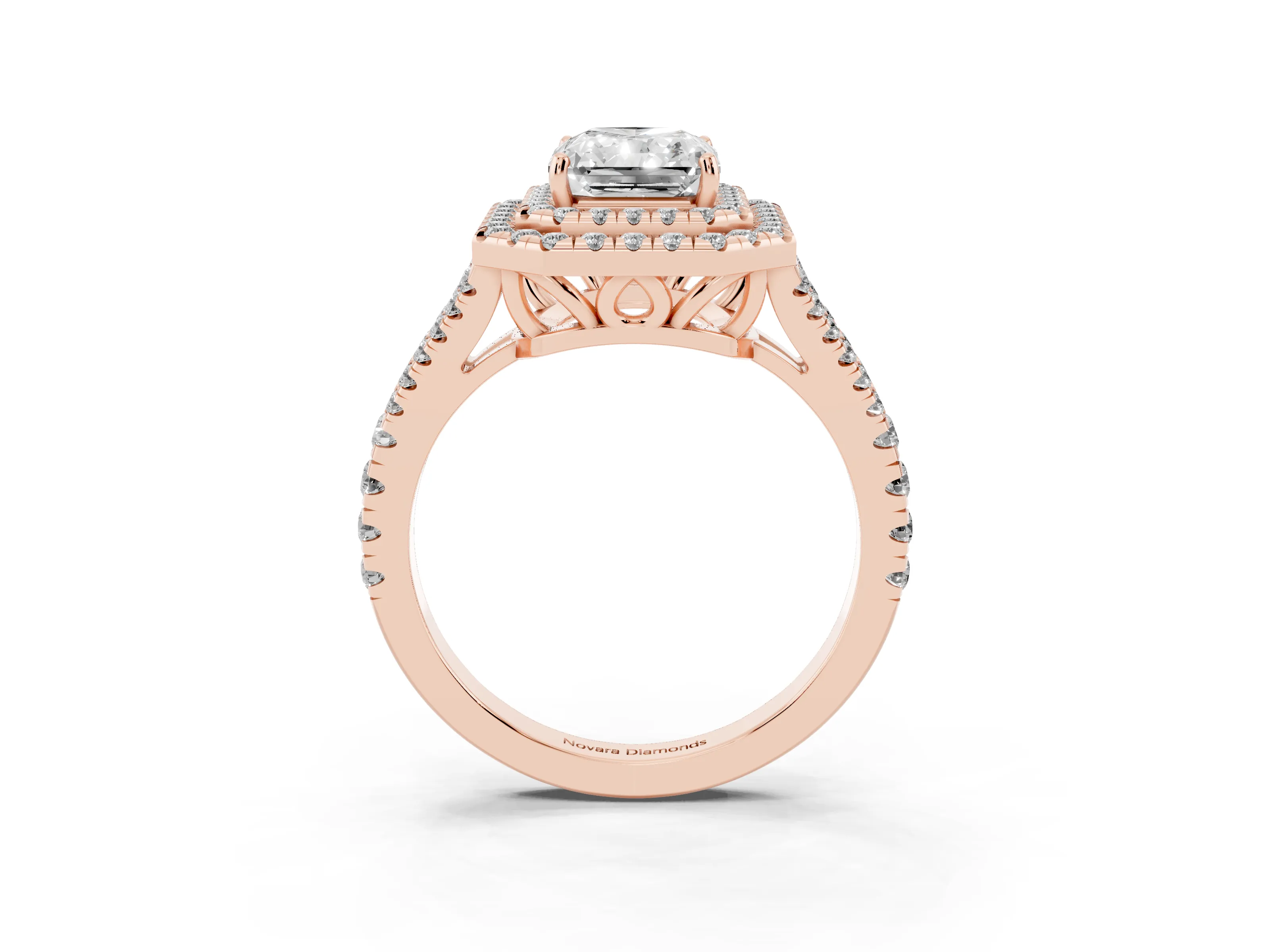 Radiant Cut Diamond Double Halo Ring Set in Rose gold with Pavé Band