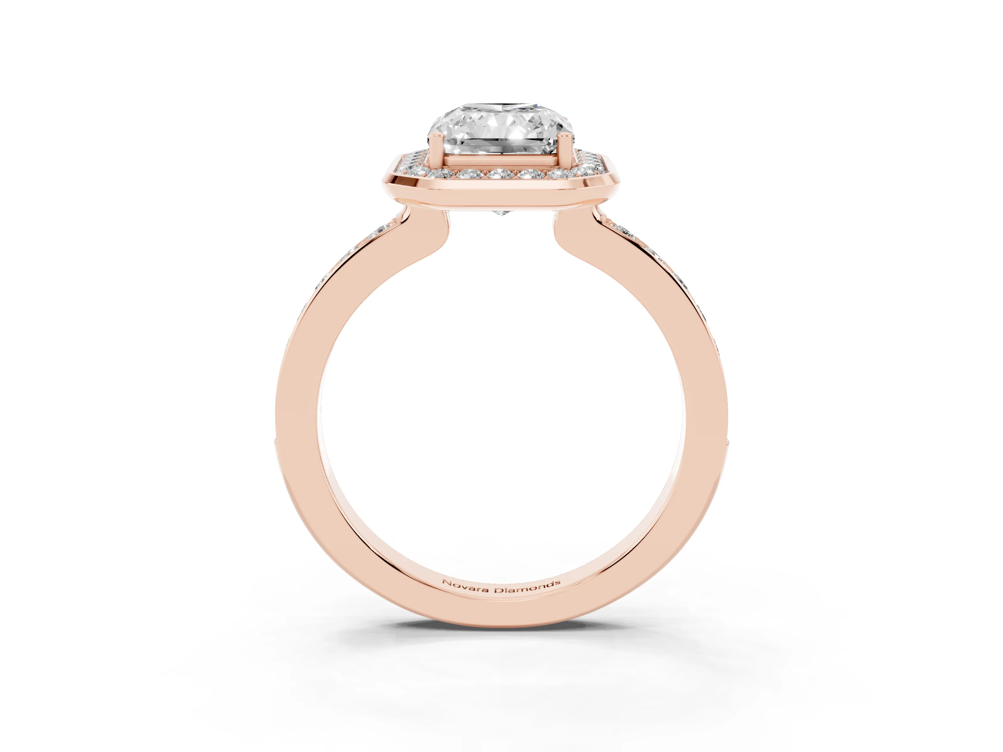 Radiant Cut Diamond Halo Ring Set in Rose gold with Bezel Frame and Pavé Band