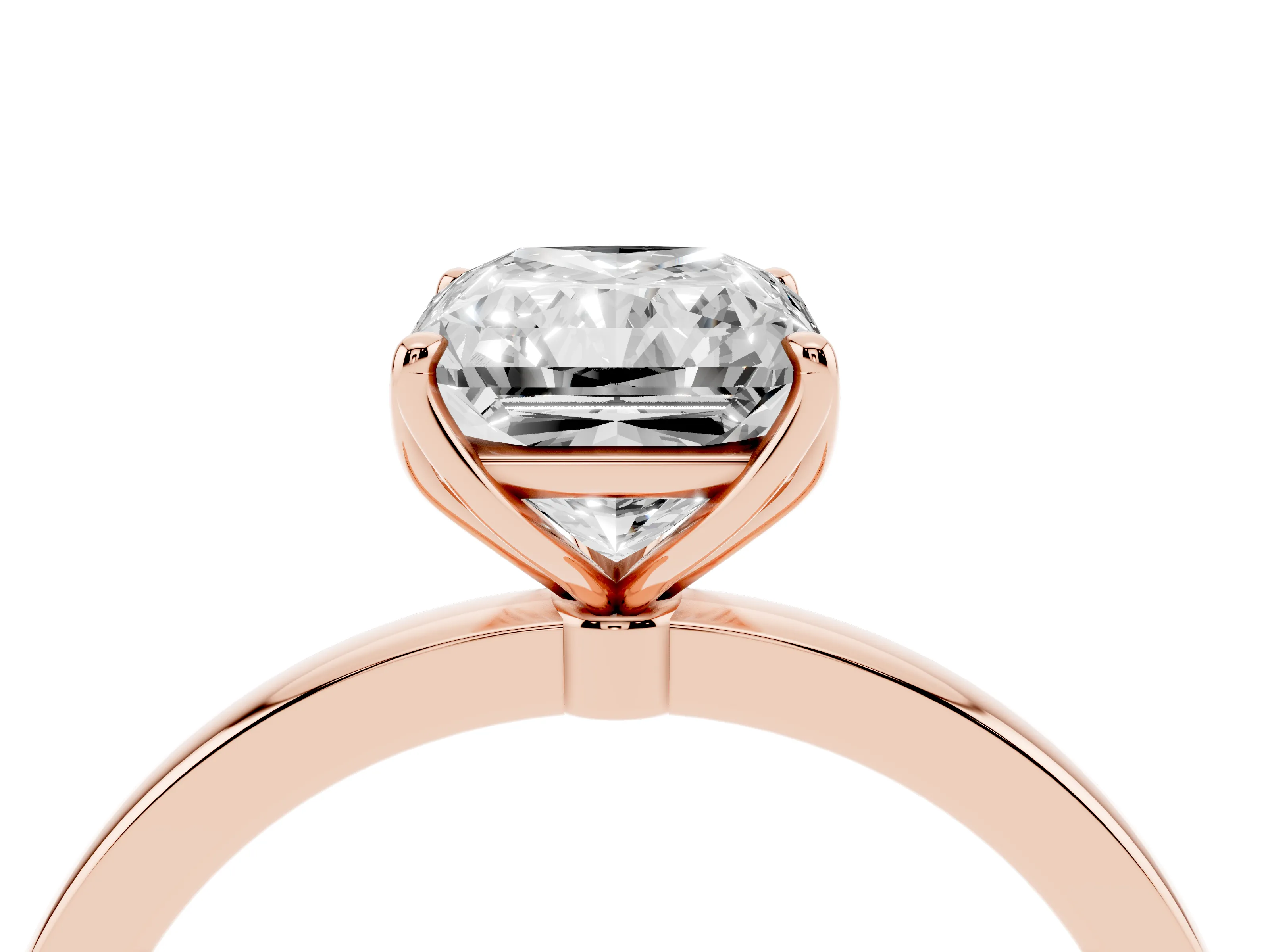 Radiant Cut Diamond Solitaire Ring Set in Rose gold with Prong Setting and Thin Polished Band