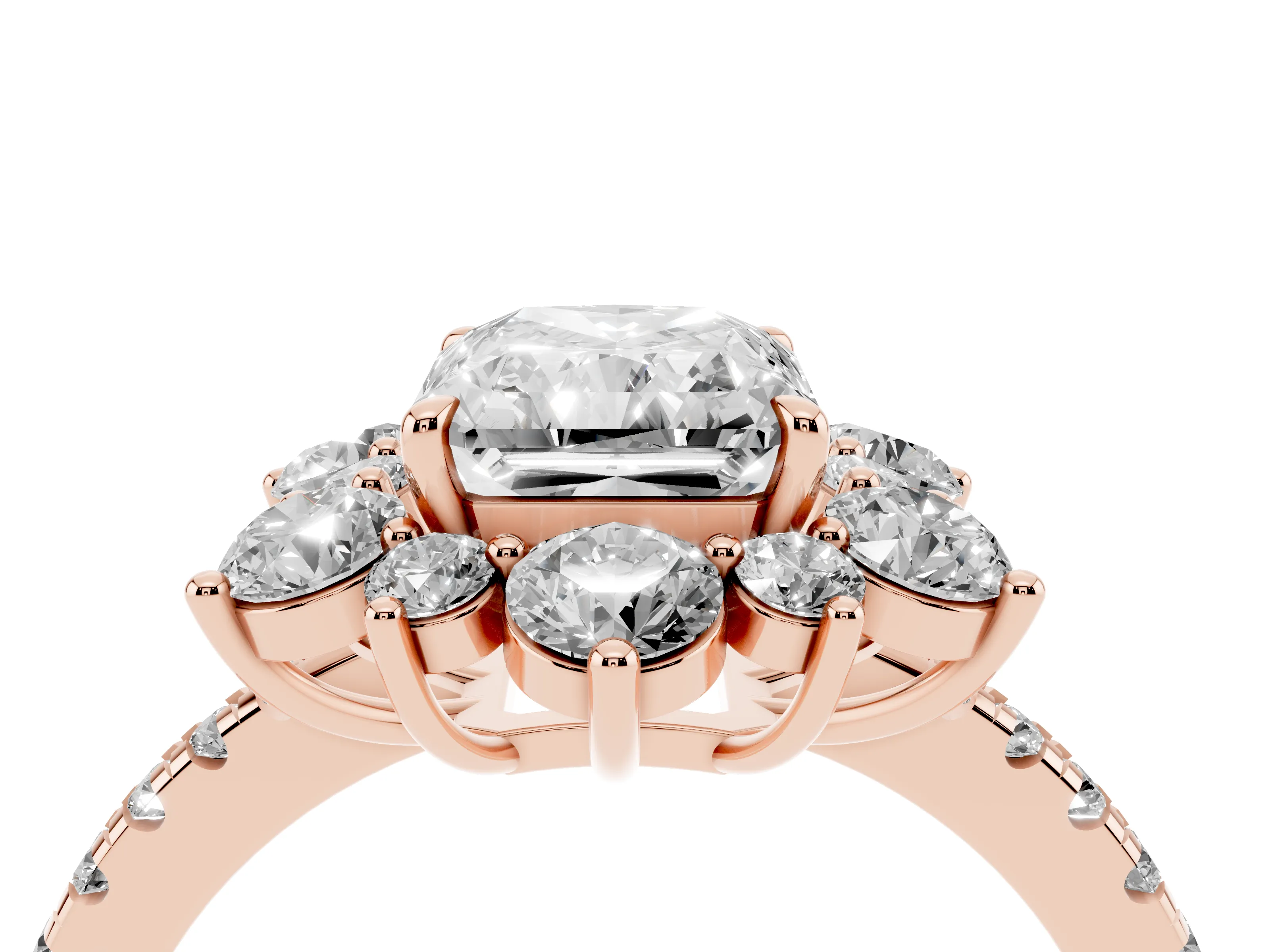 Radiant Cut Diamond Floral Halo Ring Set in Rose gold with Round Pavé Band and Prong Setting