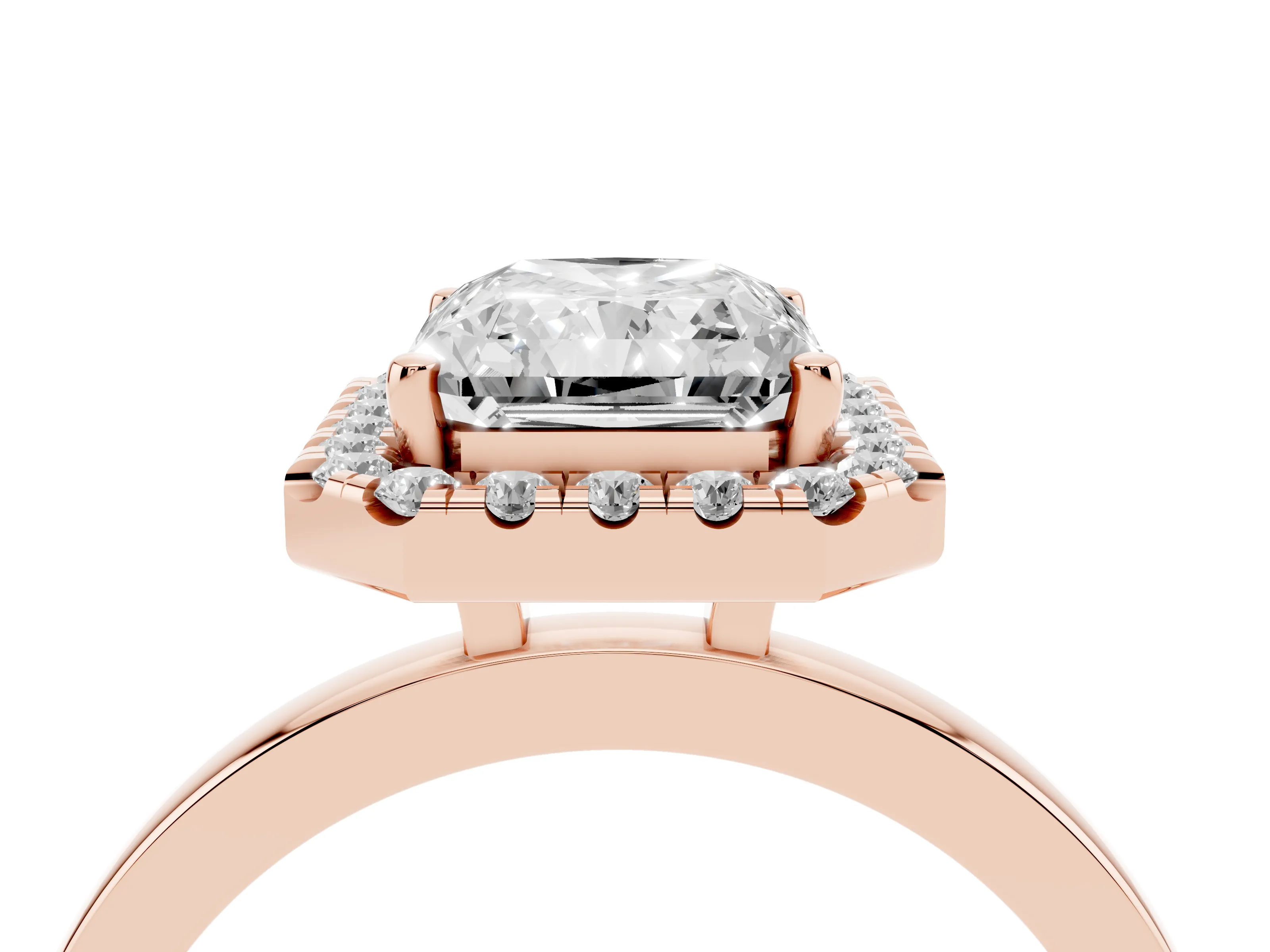 Radiant Cut Diamond Halo Solitaire Ring Set in Rose gold with Pavé Band and Prong Setting