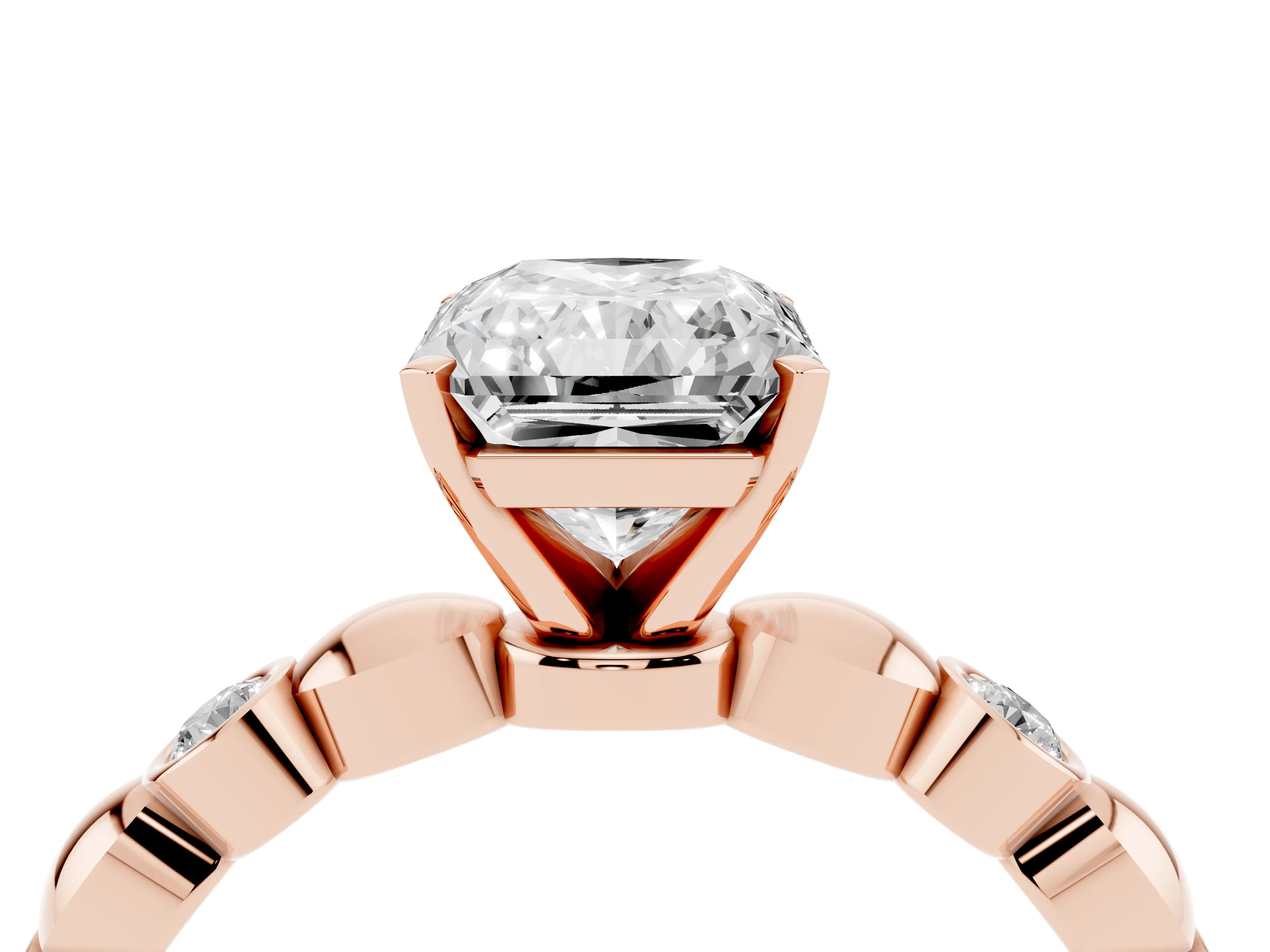 Radiant Cut Diamond Solitaire Ring Set in Rose gold with Bezel-Set Accents on Beaded Band and Prong Setting