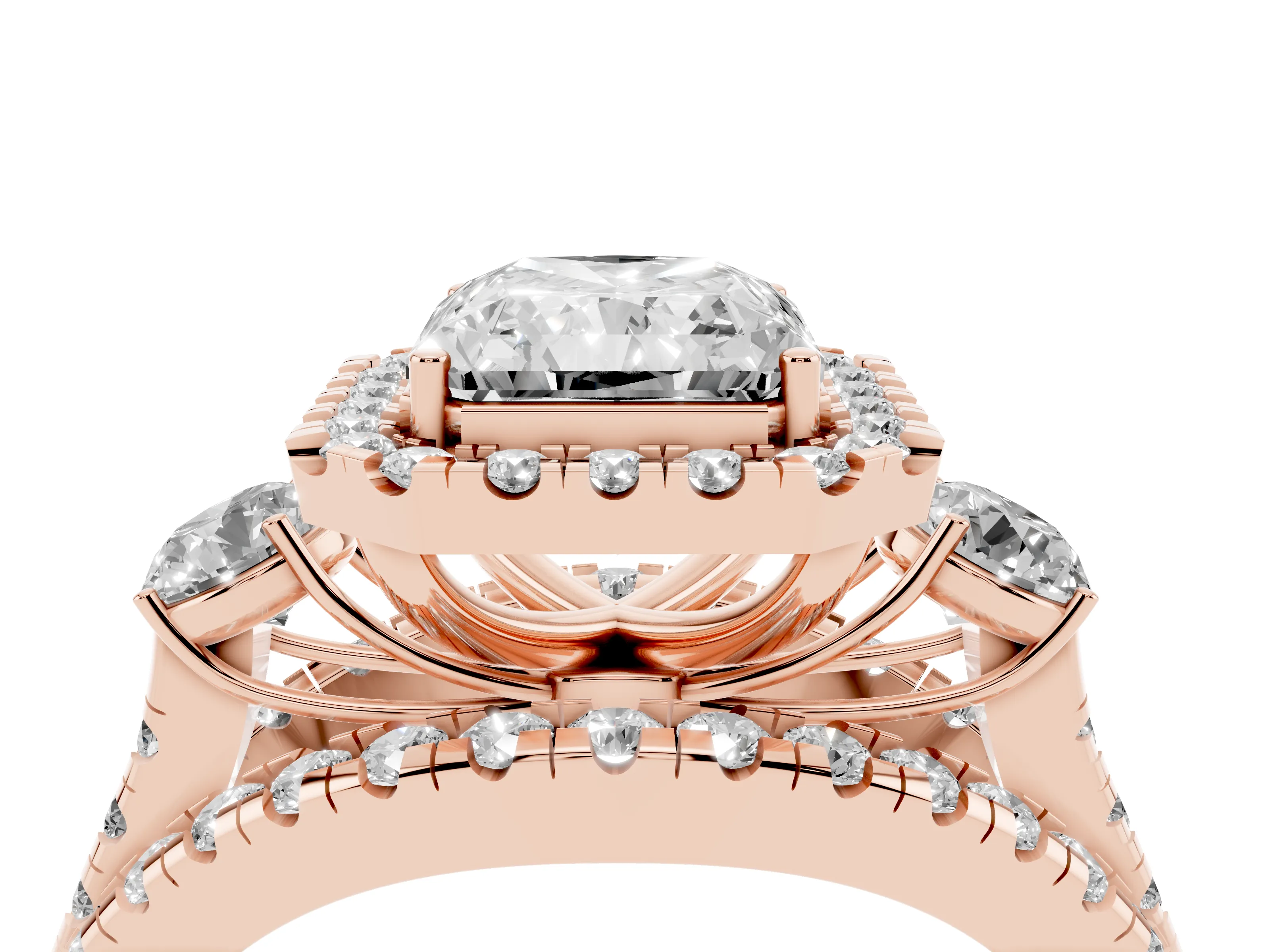 Radiant Cut Diamond Halo Split Shank Ring Set in Rose gold with Round Accent Stones and Prong Setting