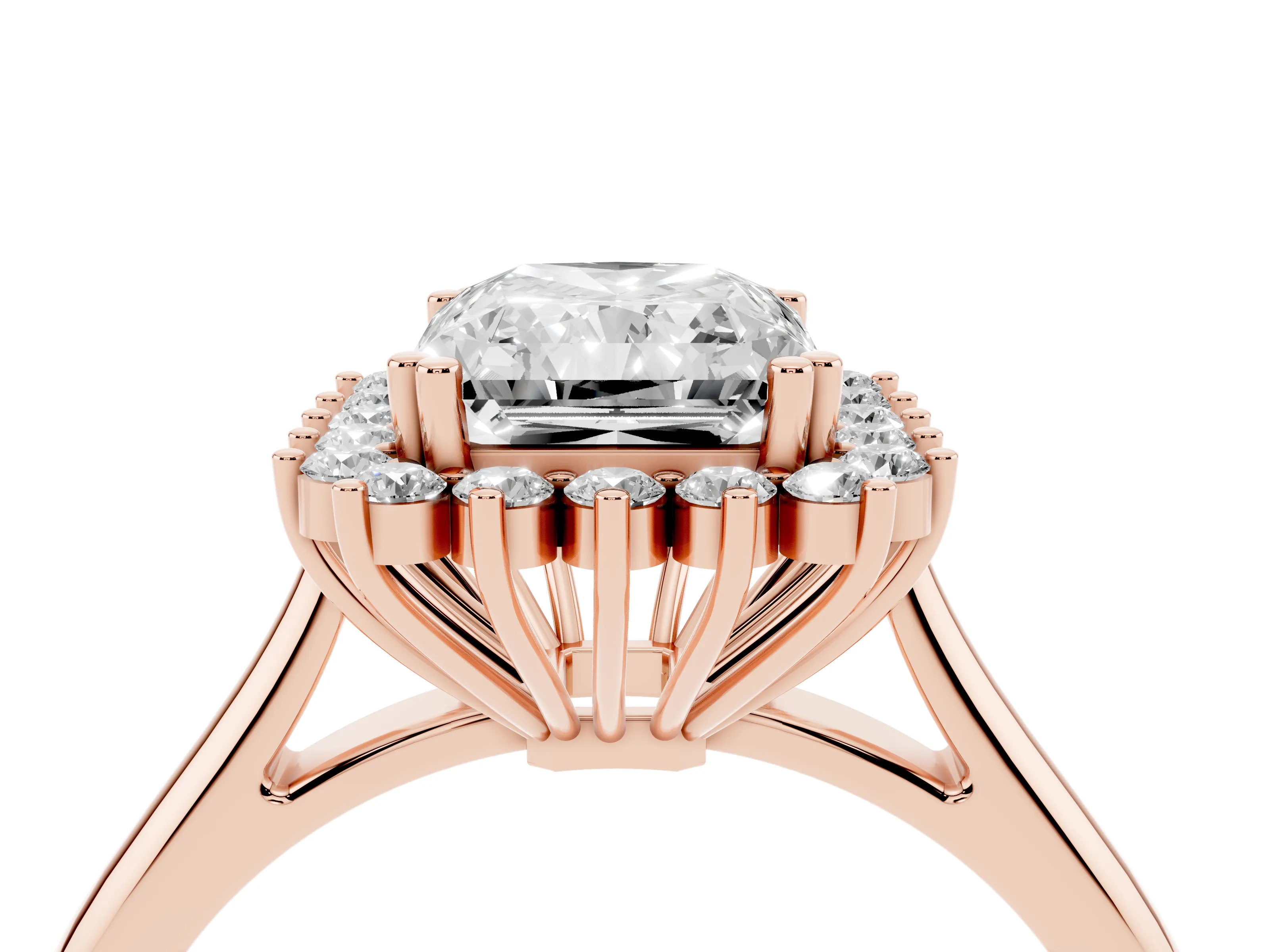 Radiant Cut Diamond Halo Ring Set in Rose gold with Plain Solitaire Band and Prong Setting