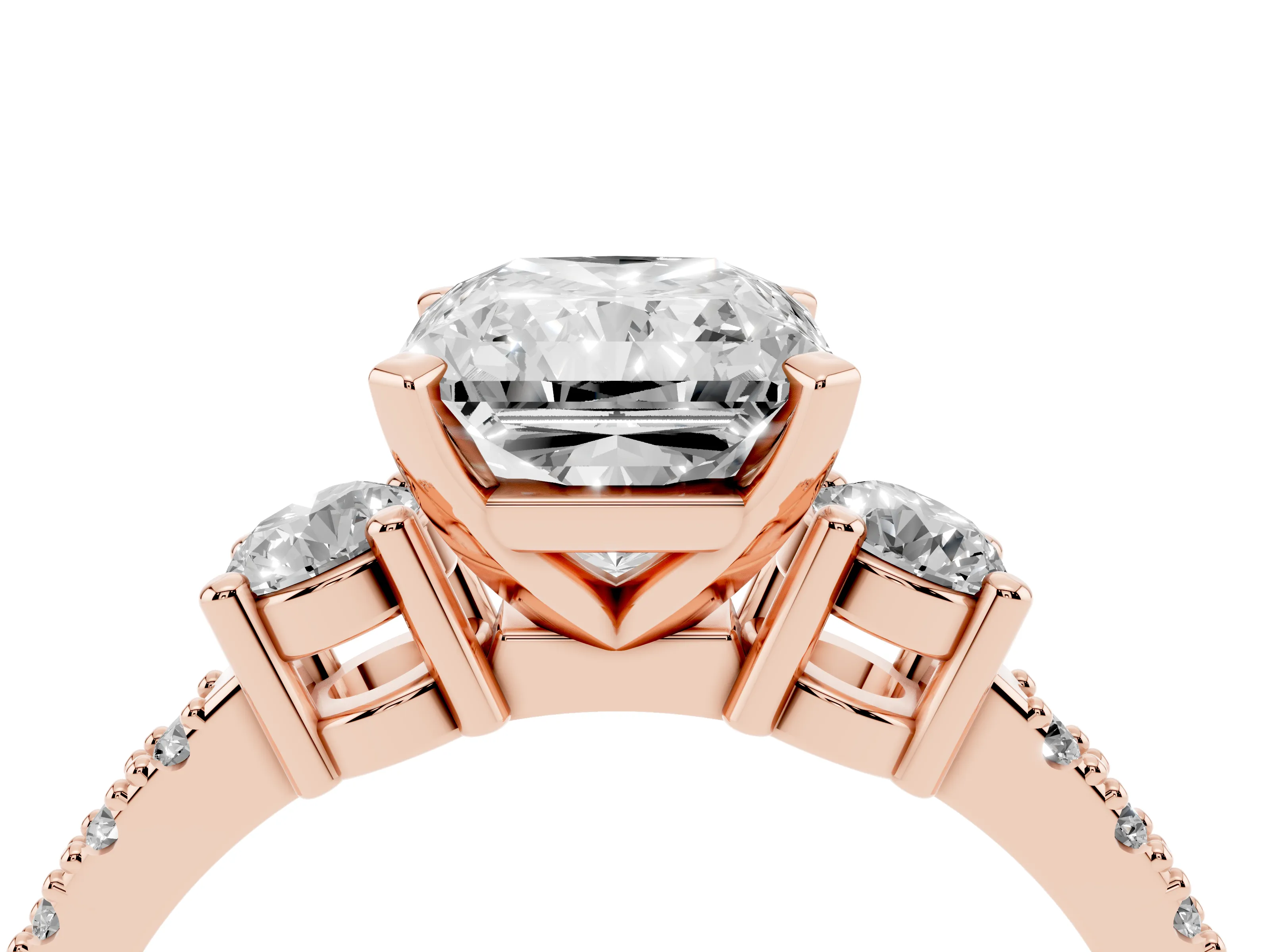 Three-Stone Radiant Cut Diamond Pavé Band Ring Set in Rose gold with Prong Setting