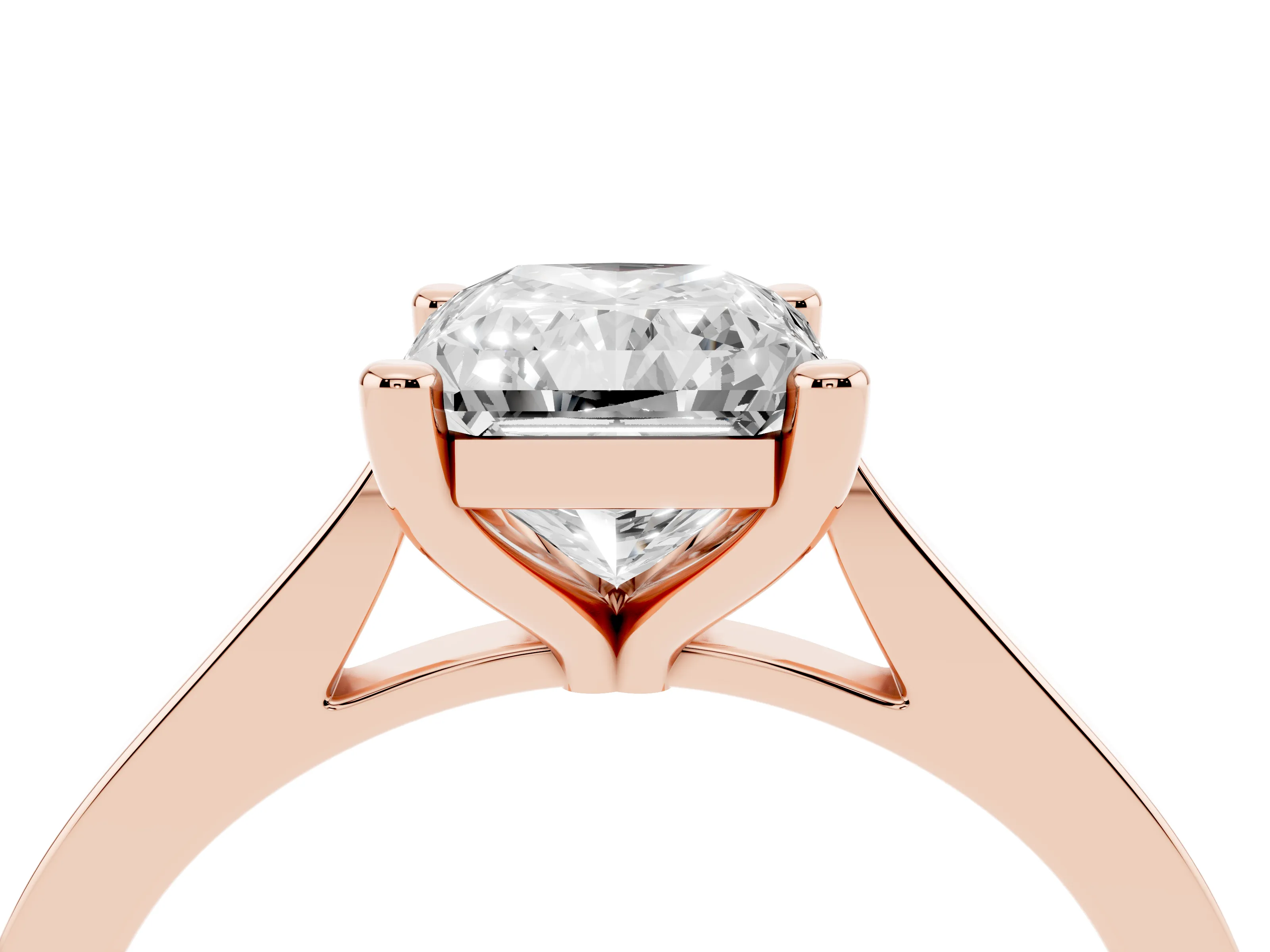 Radiant Cut Diamond Solitaire Ring Set in Rose gold with Prong Setting and Tapered Band