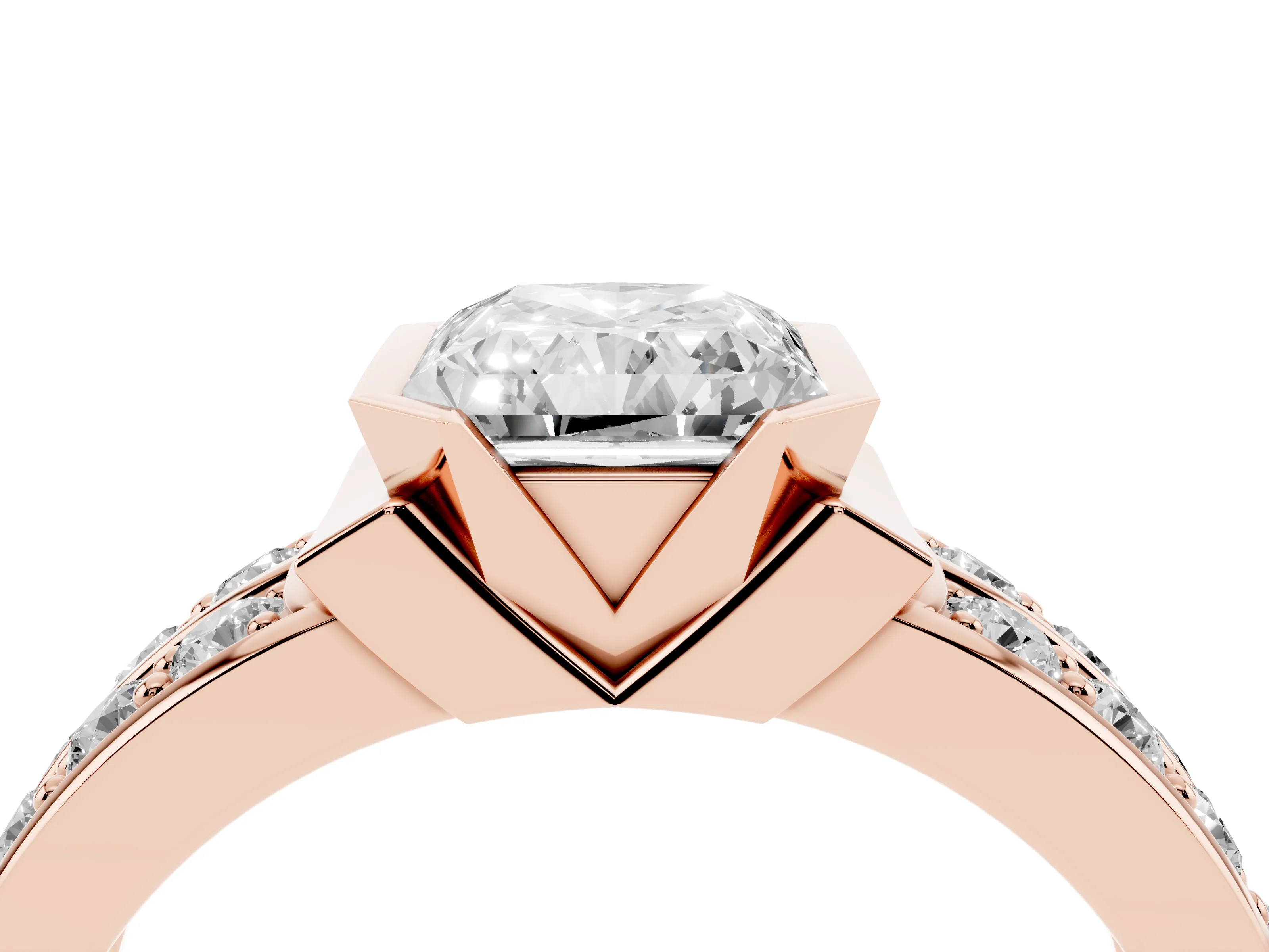 Radiant Cut Diamond Wide Channel Set Band Ring Set in Rose gold with Bezel Setting